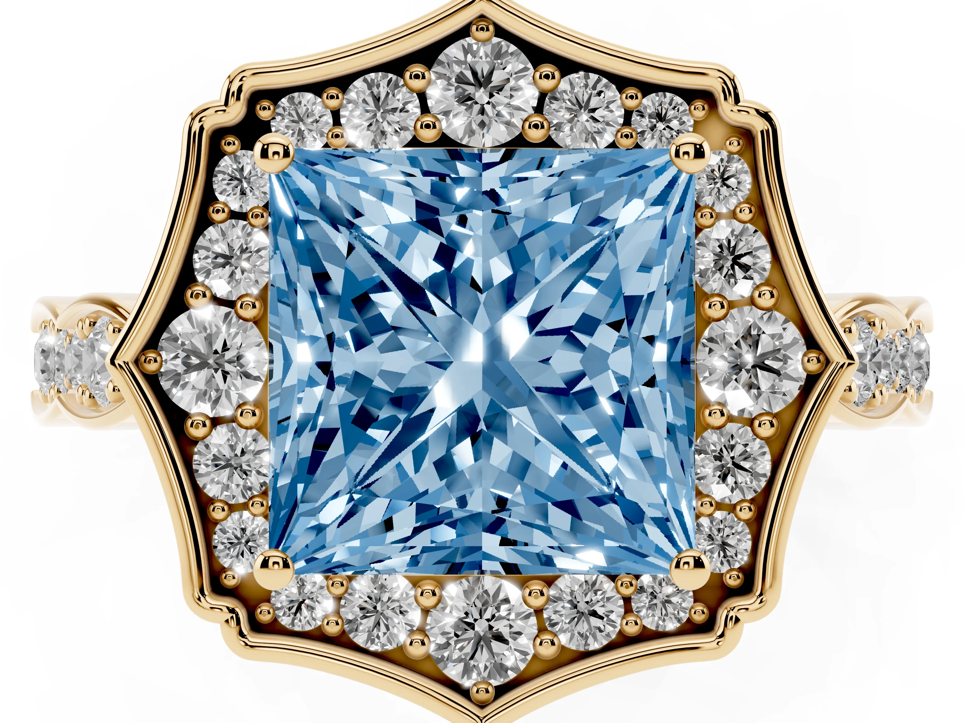Fancy Blue Princess Cut Diamond Halo Engagement Ring Set in Yellow gold with Milgrain Band and Prong Setting