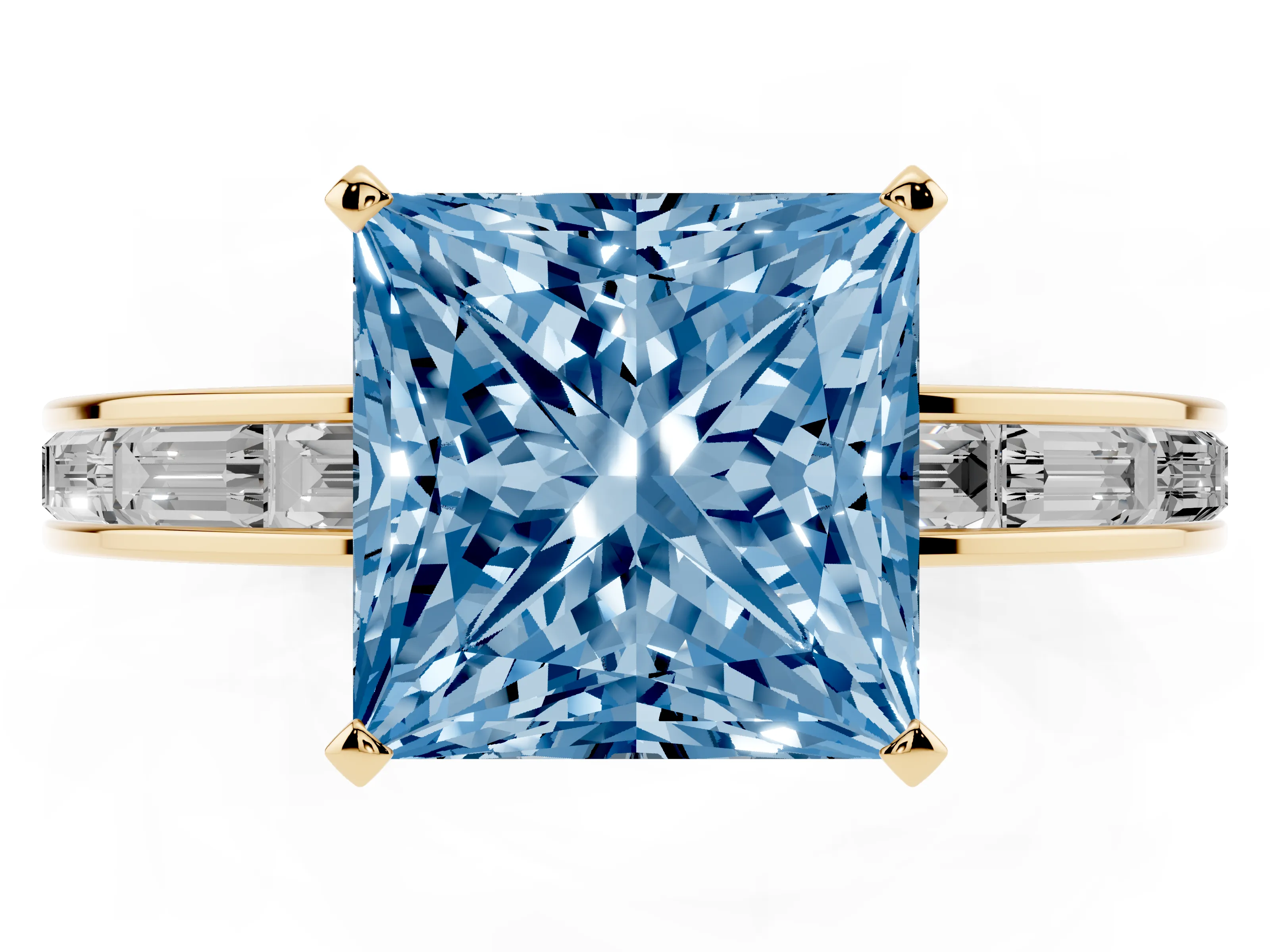 Fancy Blue Princess Cut Diamond Solitaire Ring Set in Yellow gold with Channel-Set Baguette Band and Prong Setting