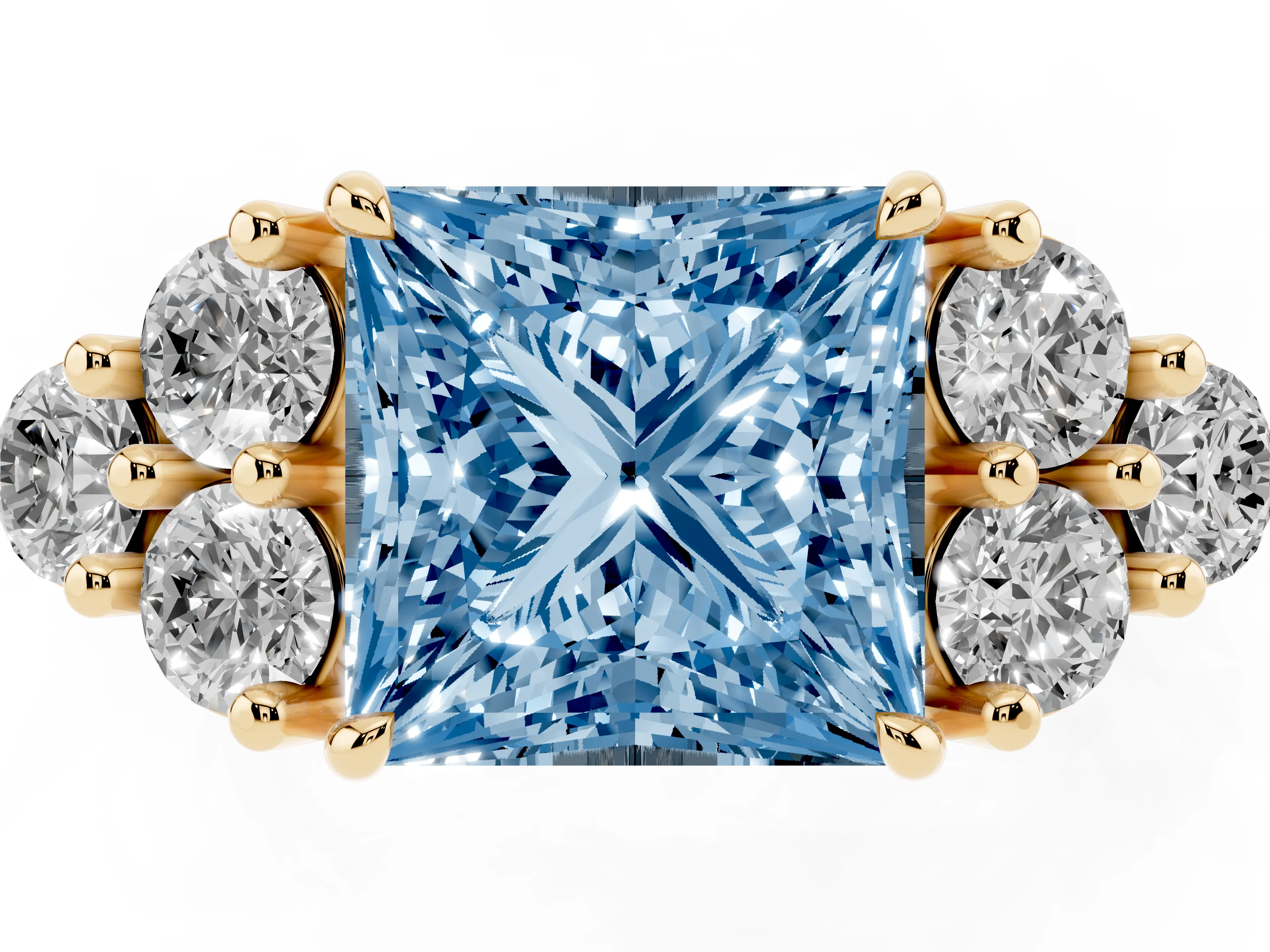 Fancy Blue Princess Cut Diamond Solitaire Ring Set in Yellow gold with Cluster Accents on Each Side