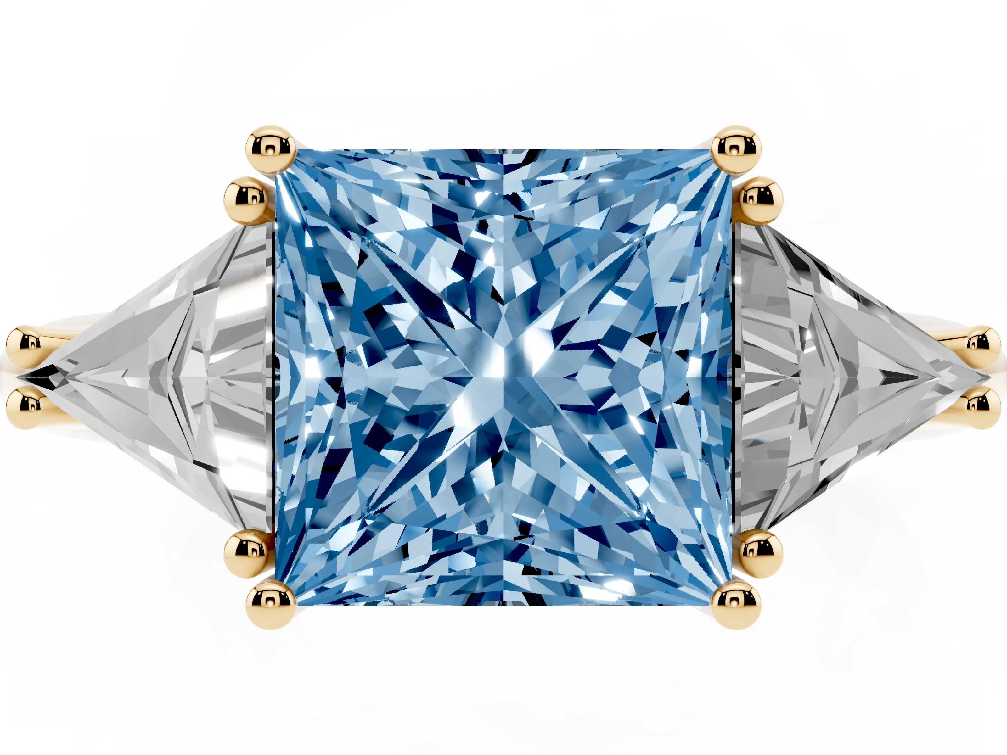 Fancy Blue Princess Cut Diamond Three-Stone Engagement Ring Set in Yellow gold with Trillion Side Stones