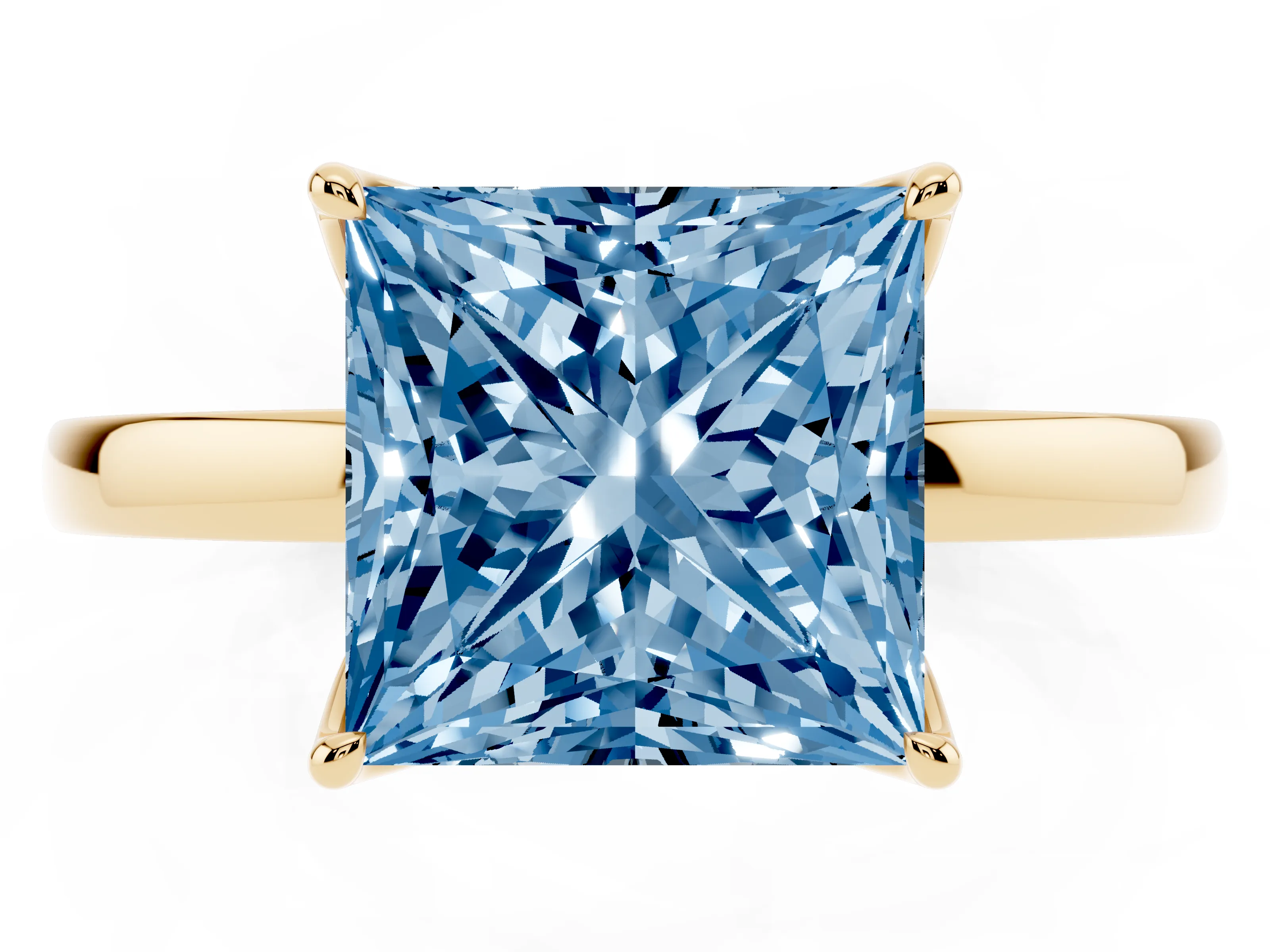 Fancy Blue Princess Cut Diamond Solitaire Ring Set in Yellow gold with Prong Setting and Thin Polished Band