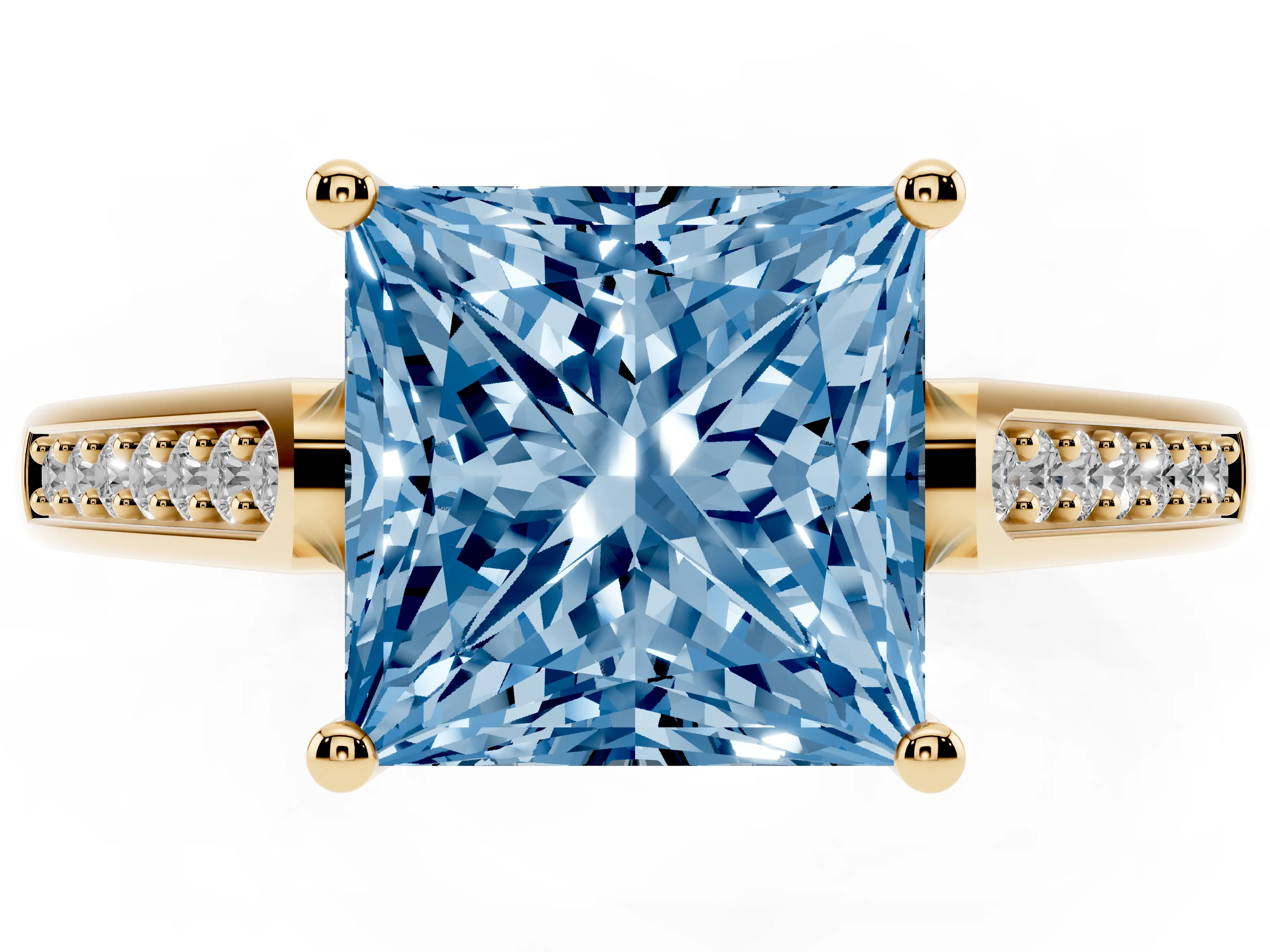 Fancy Blue Princess Cut Diamond Solitaire Cathedral Engagement Ring Set in Yellow gold with Channel-Set Band and Prong Setting