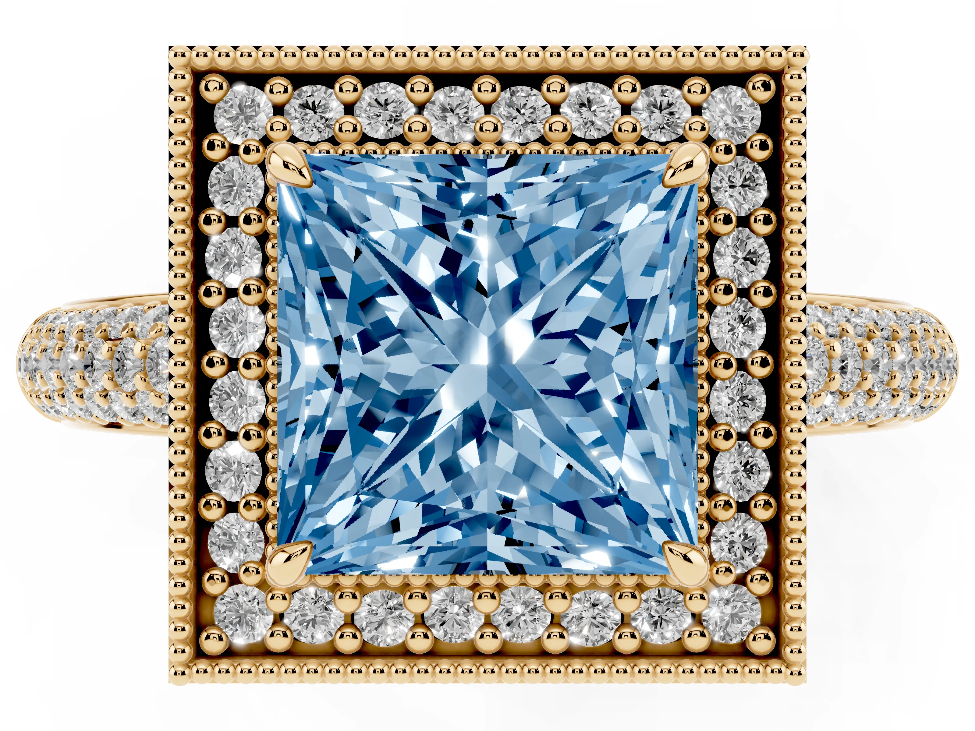 Fancy Blue Princess Cut Diamond Halo Pavé Band Set in Yellow gold with Prong Setting