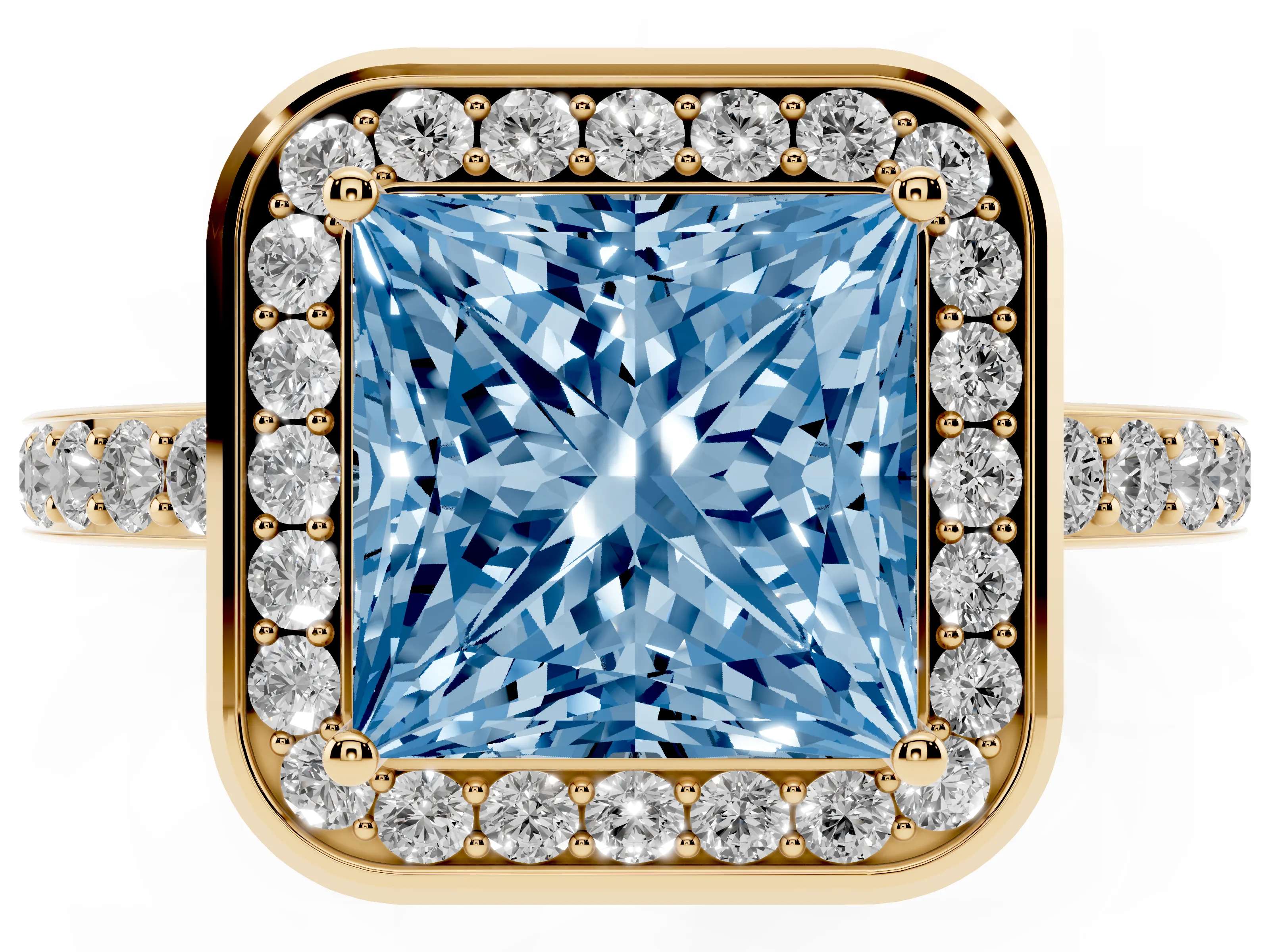 Fancy Blue Princess Cut Diamond Halo Ring Set in Yellow gold with Bezel Frame and Pavé Band