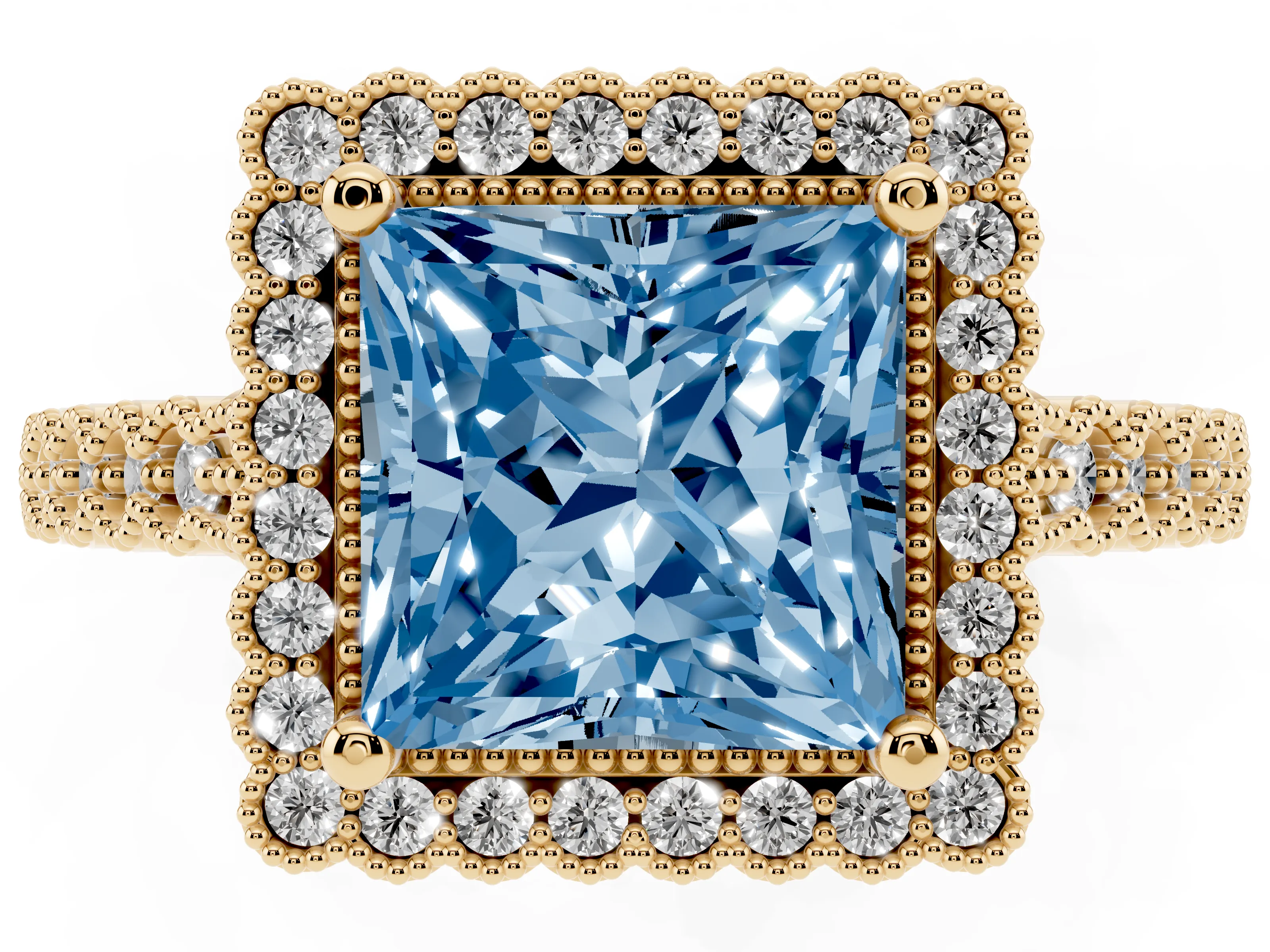 Fancy Blue Princess Cut Diamond Halo Ring Set in Yellow gold with Pavé Milgrain Band