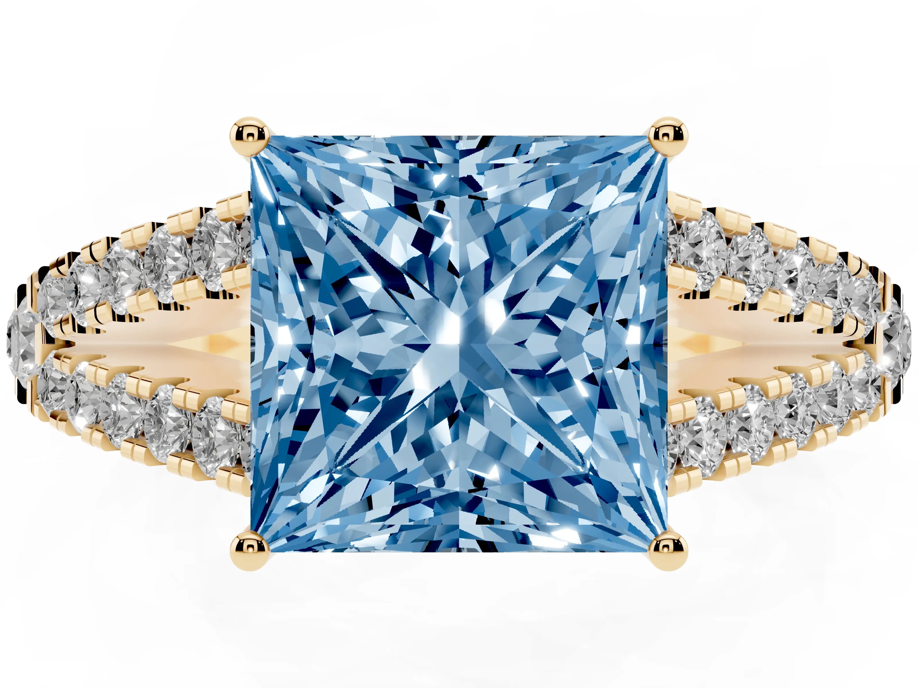 Fancy Blue Princess Cut Diamond Split Shank Pavé Engagement Ring Set in Yellow gold with Prong-Held Center Stone