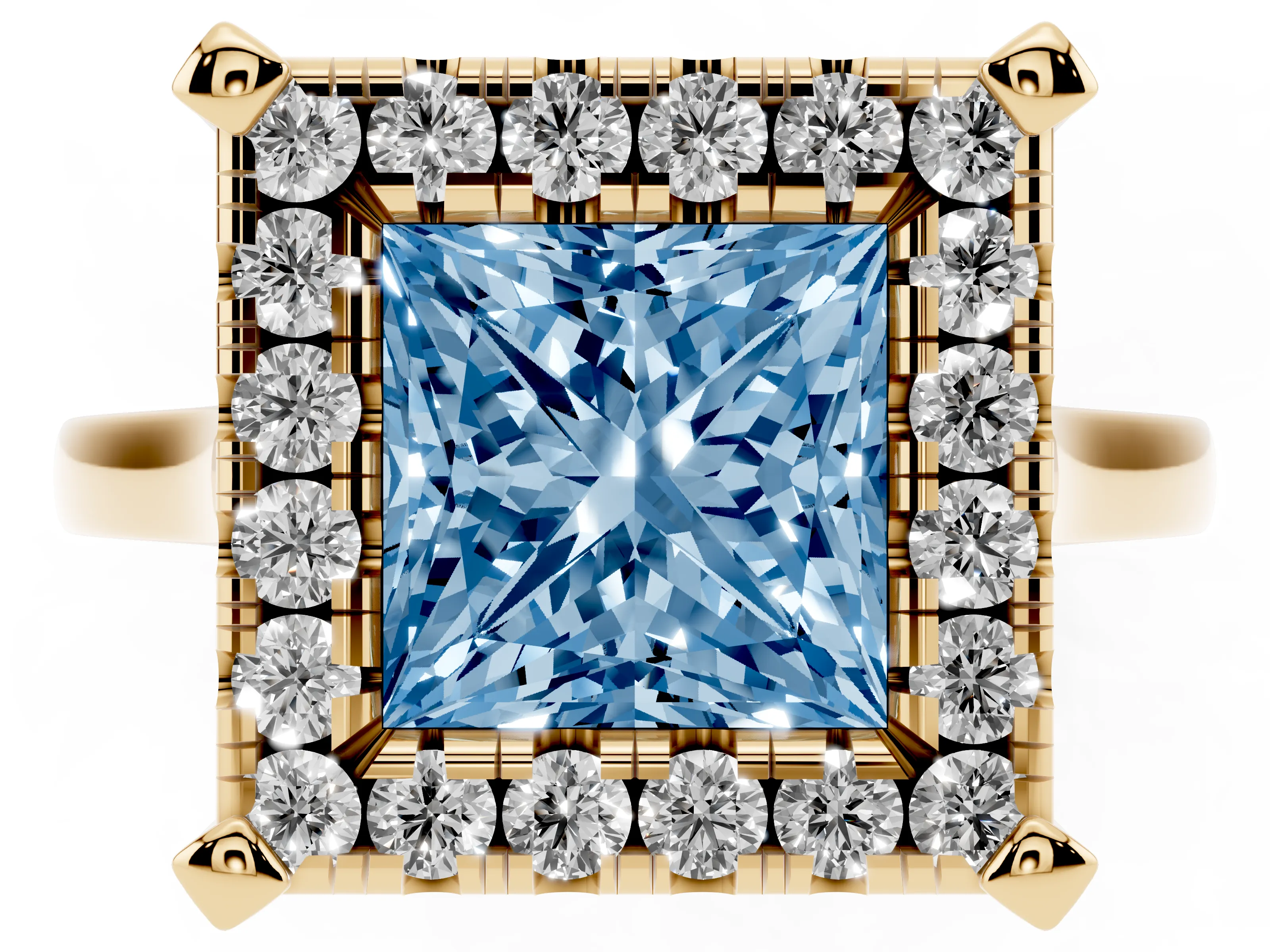 Fancy Blue Princess Cut Diamond Cluster Halo Solitaire Ring Set in Yellow gold with Prong Setting