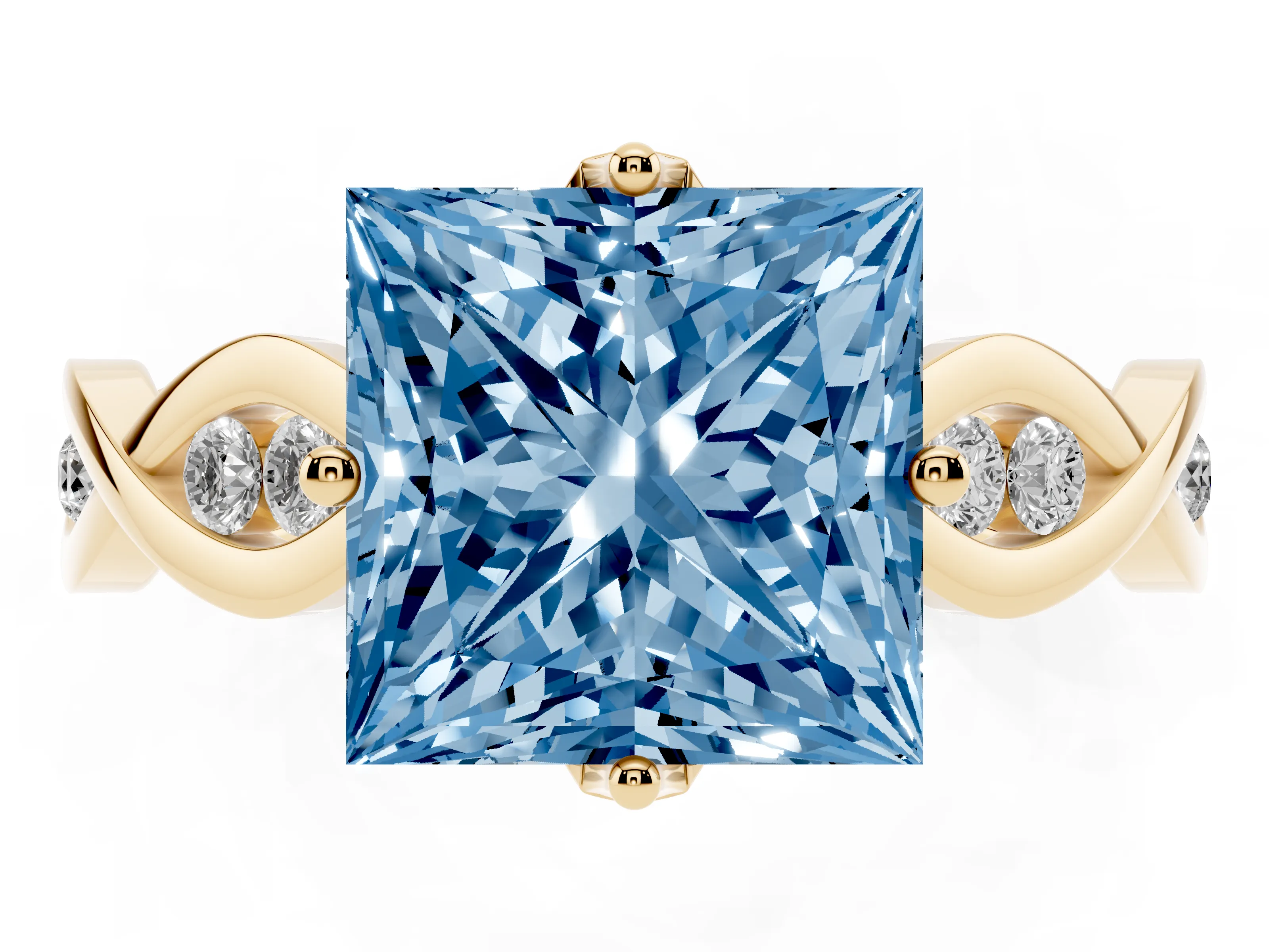 Fancy Blue Princess Cut Diamond Twist Band Solitaire Ring Set in Yellow gold with Leaf Prong Setting and Accent Stones