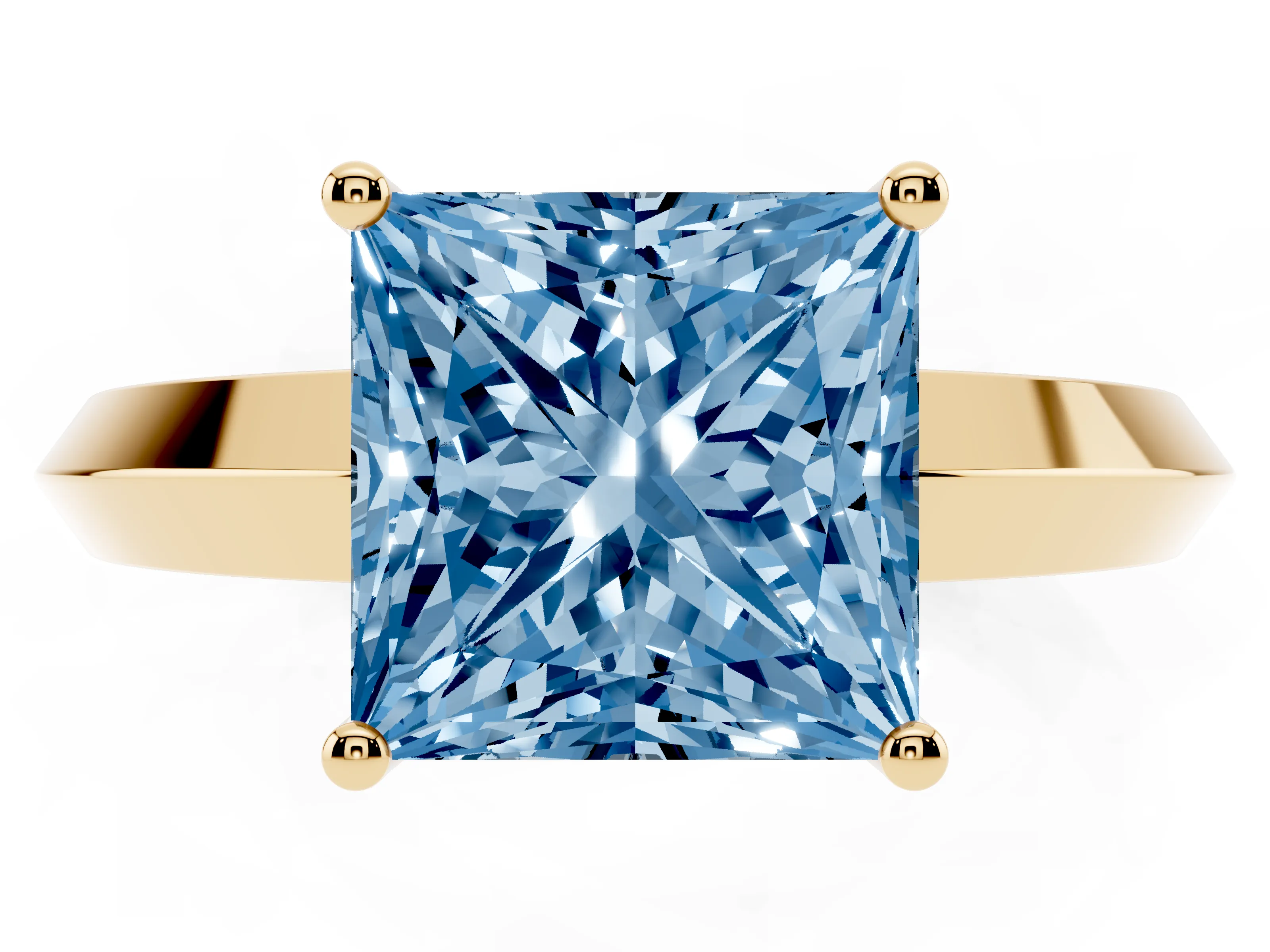 Fancy Blue Princess Cut Diamond Solitaire Engagement Ring Set in Yellow gold with Flat Band and Prong Setting