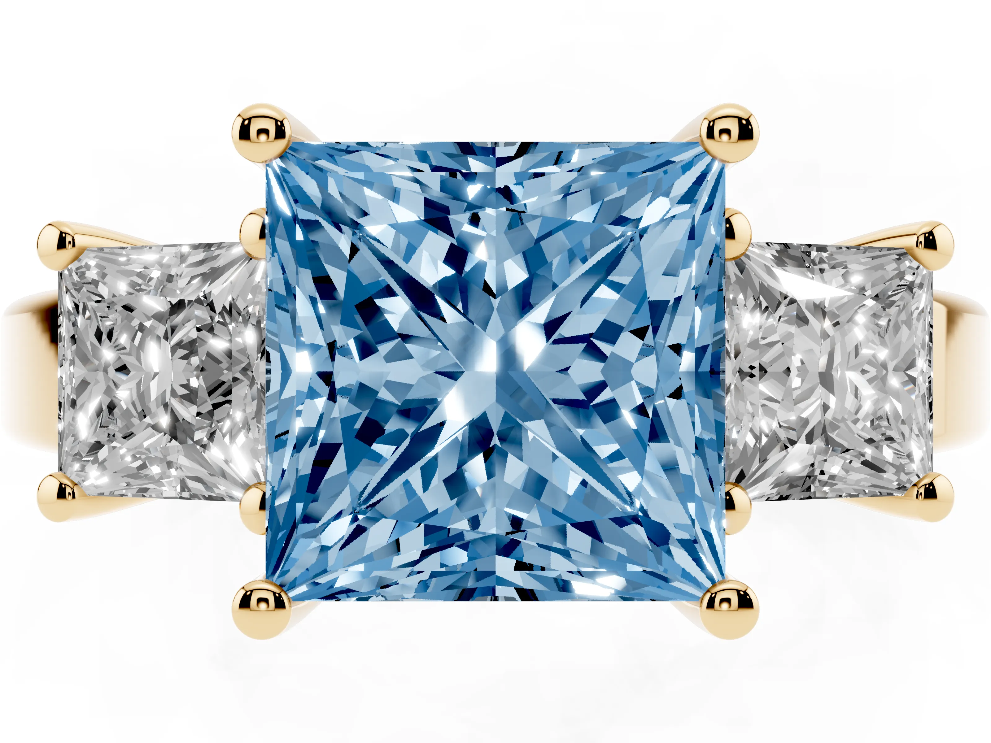 Fancy Blue Three-Stone Princess Cut Diamond Solitaire Ring Set in Yellow gold with Prong Setting