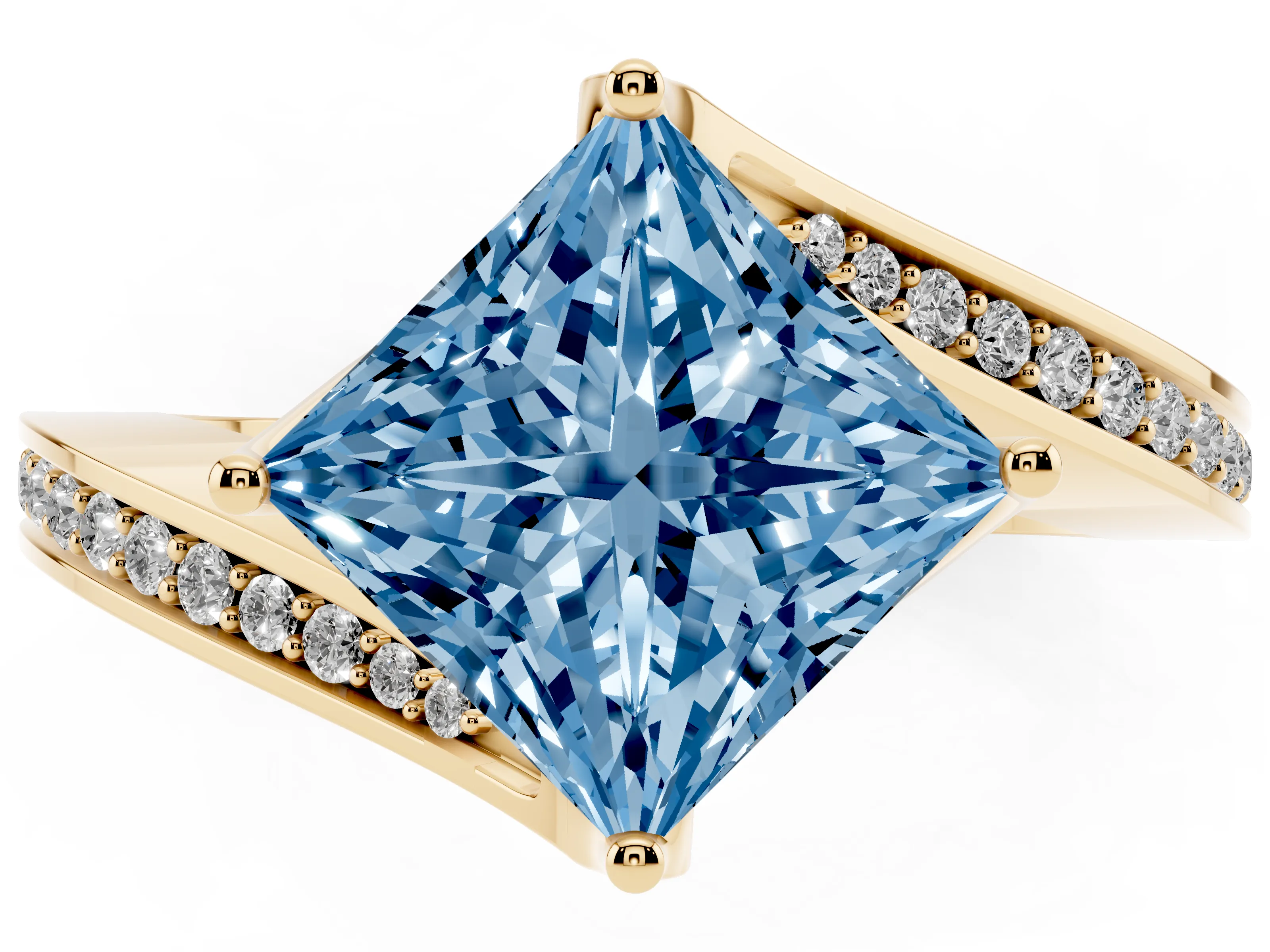 Fancy Blue Princess Cut Diamond Solitaire Ring Set in Yellow gold with Intertwined Pavé Twist Band
