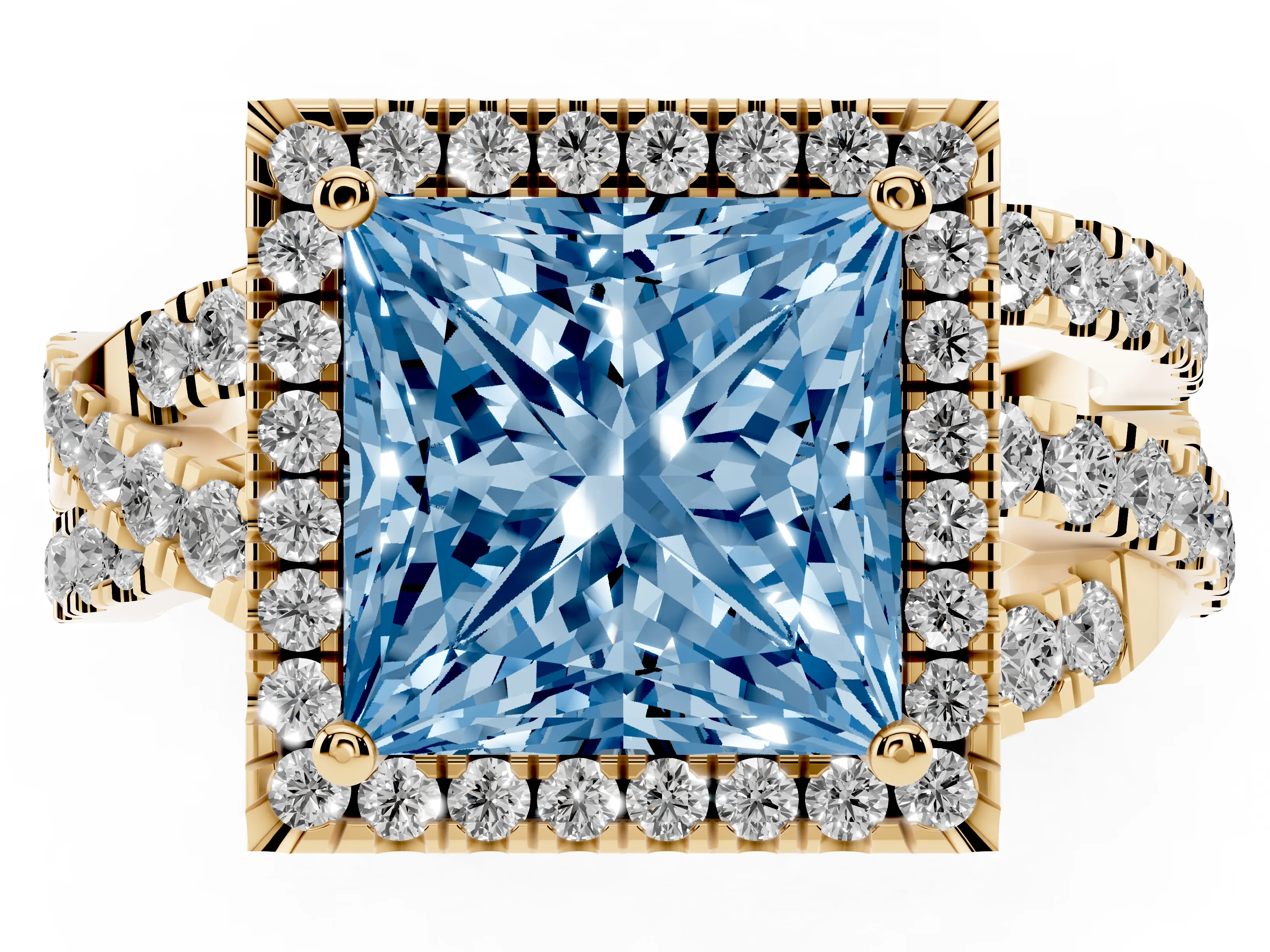 Fancy Blue Princess Cut Diamond Halo Ring Set in Yellow gold with Round Crossover Split Shank and Prong Setting