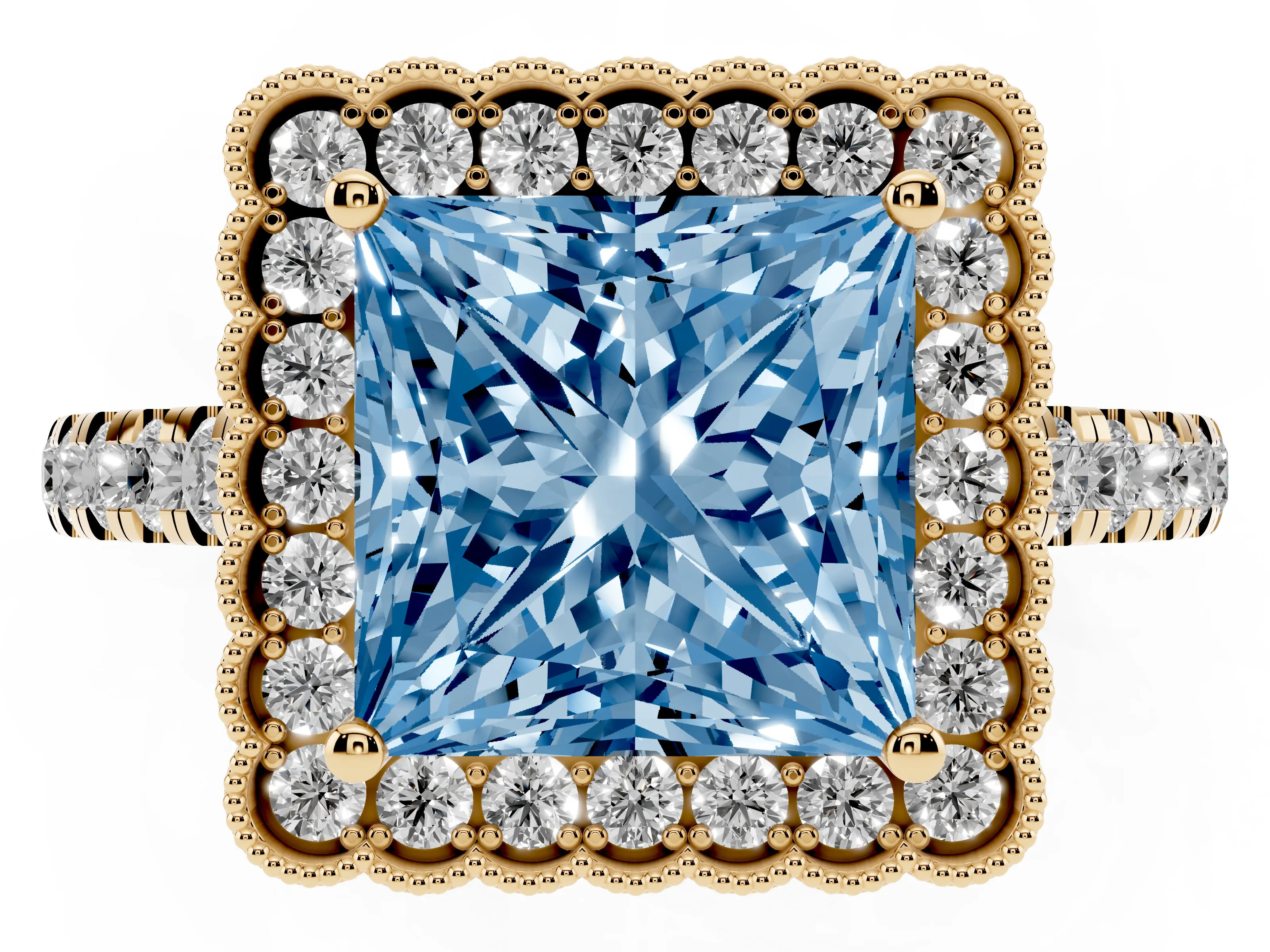 Fancy Blue Princess Cut Diamond Milgrain Floral Halo Engagement Ring Set in Yellow gold with Pavé Band