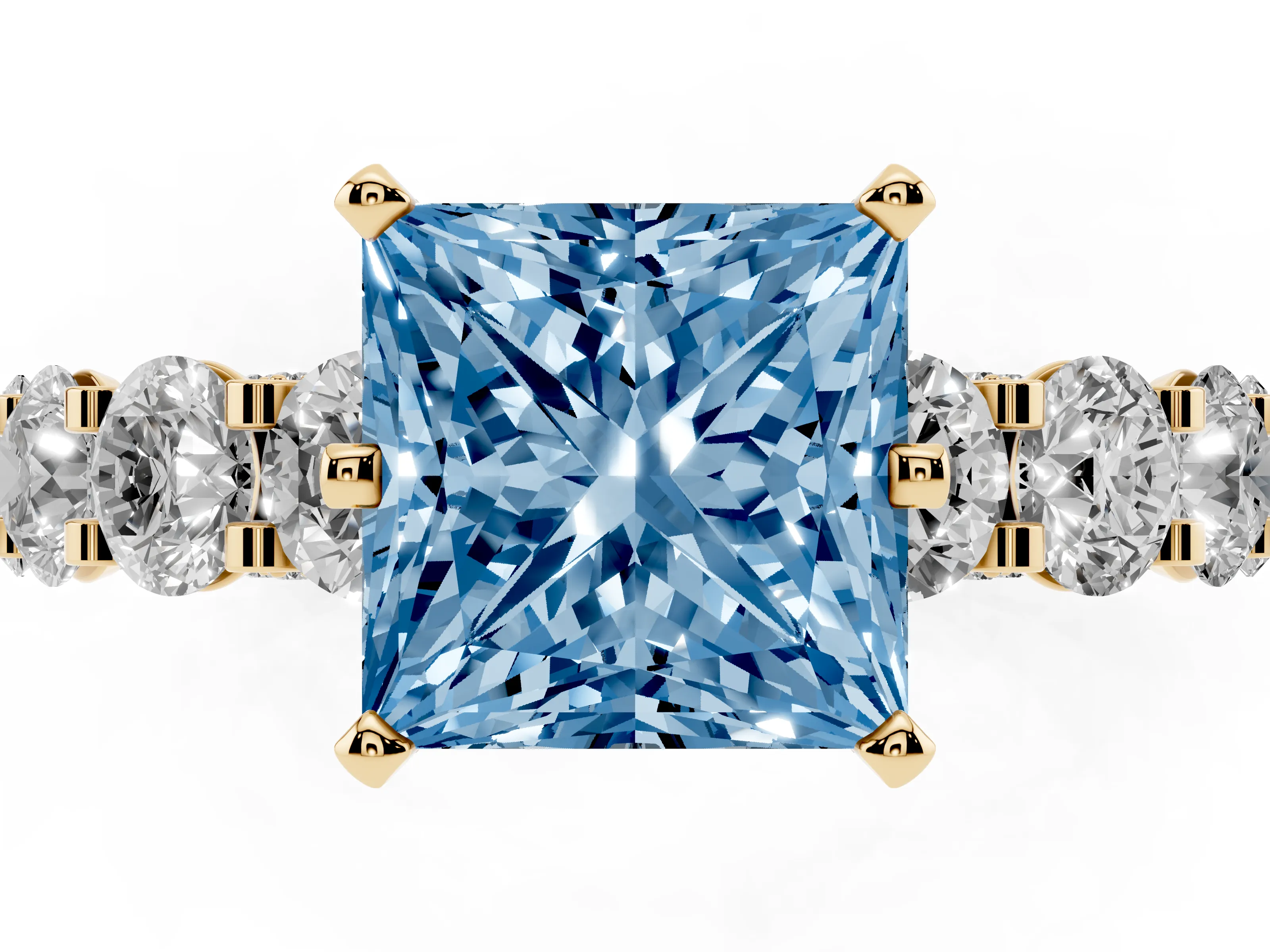Fancy Blue Princess Cut Diamond Side Stone Ring Set in Yellow gold with Alternating Round and Oval Side Stones