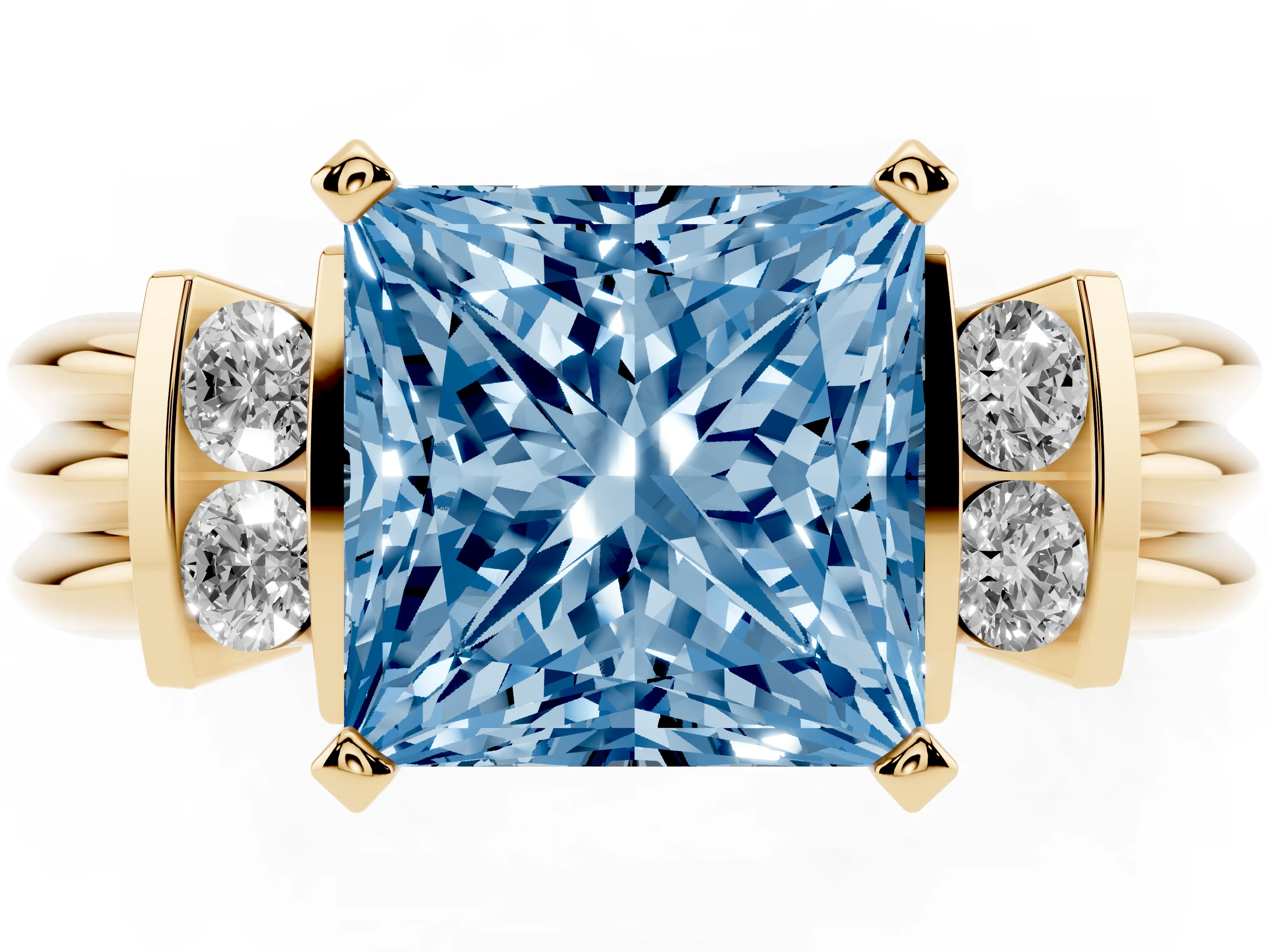 Fancy Blue Three-Stone Princess Cut Diamond Channel Set Ring Set in Yellow gold with Bar Prongs