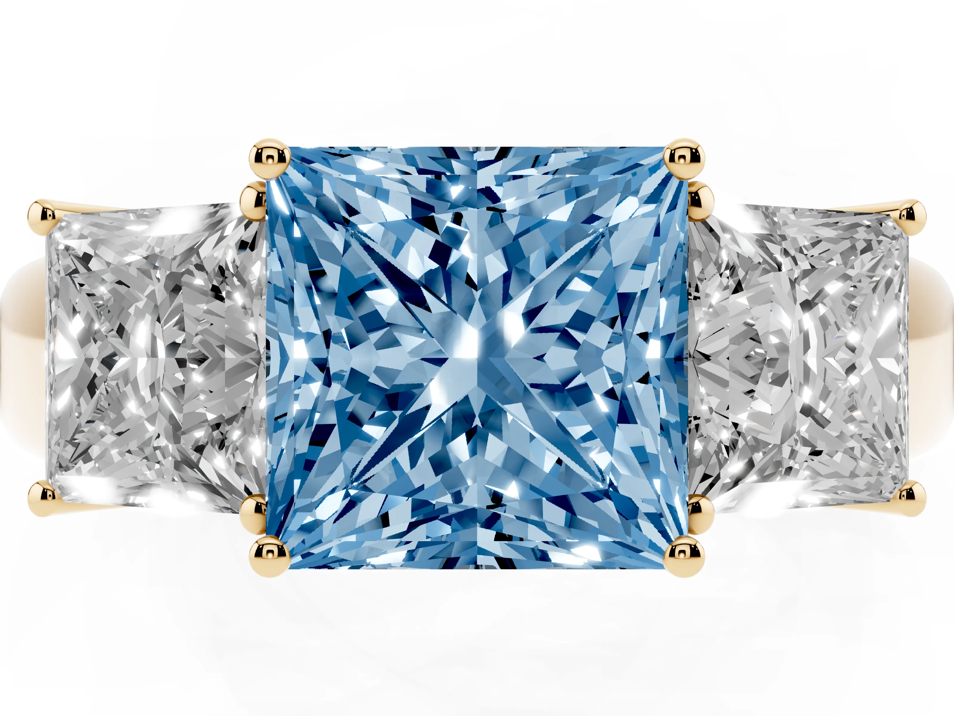 Fancy Blue Three-Stone Princess Cut Diamond Ring Set in Yellow gold with Matching Prong Settings and Plain Band