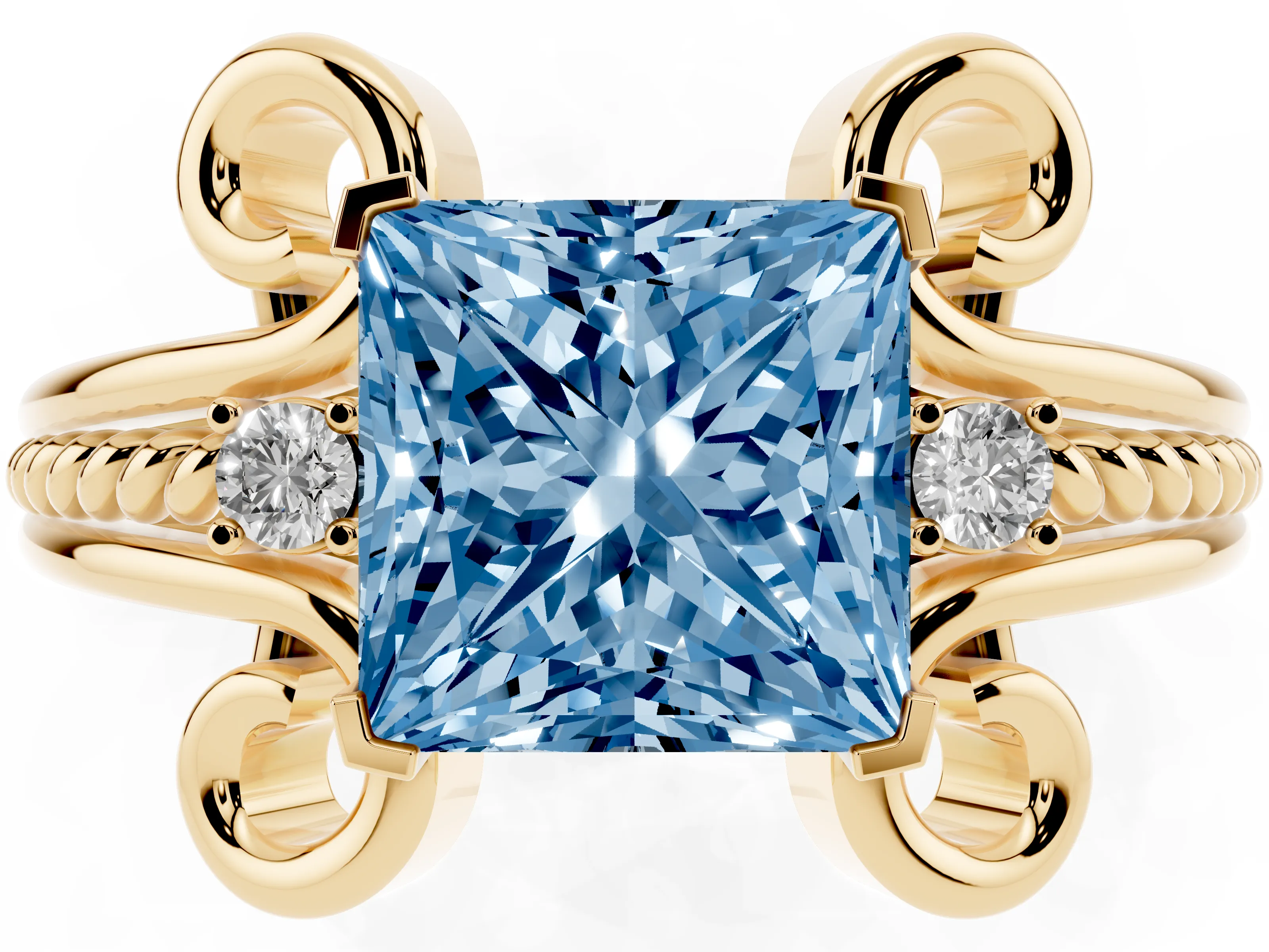 Fancy Blue Princess Cut Diamond Twisted Band Solitaire Ring Set in Yellow gold with Scroll Prongs