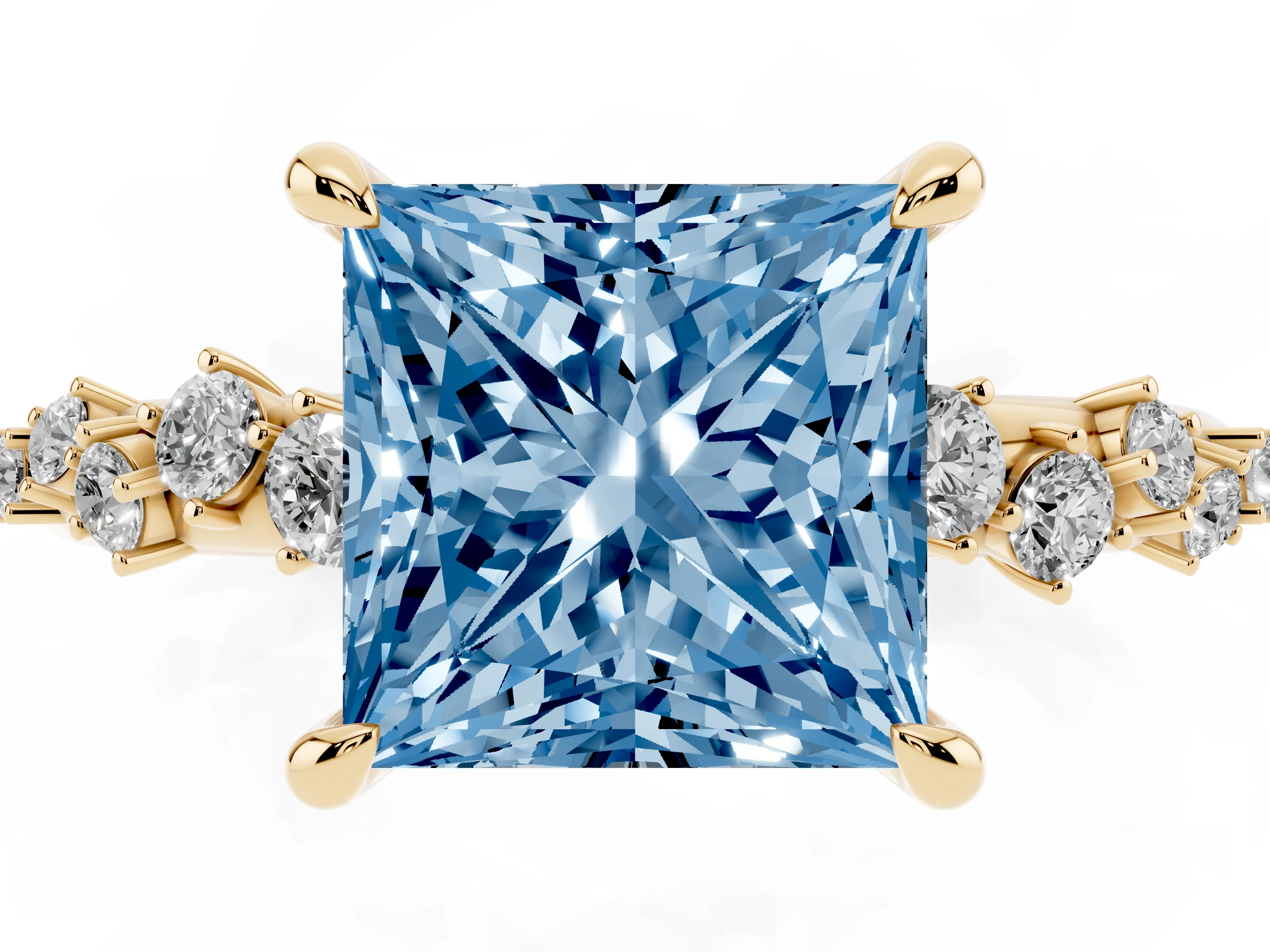 Fancy Blue Princess Cut Diamond Solitaire Vine Band Ring Set in Yellow gold with Round Accents and Prong Setting