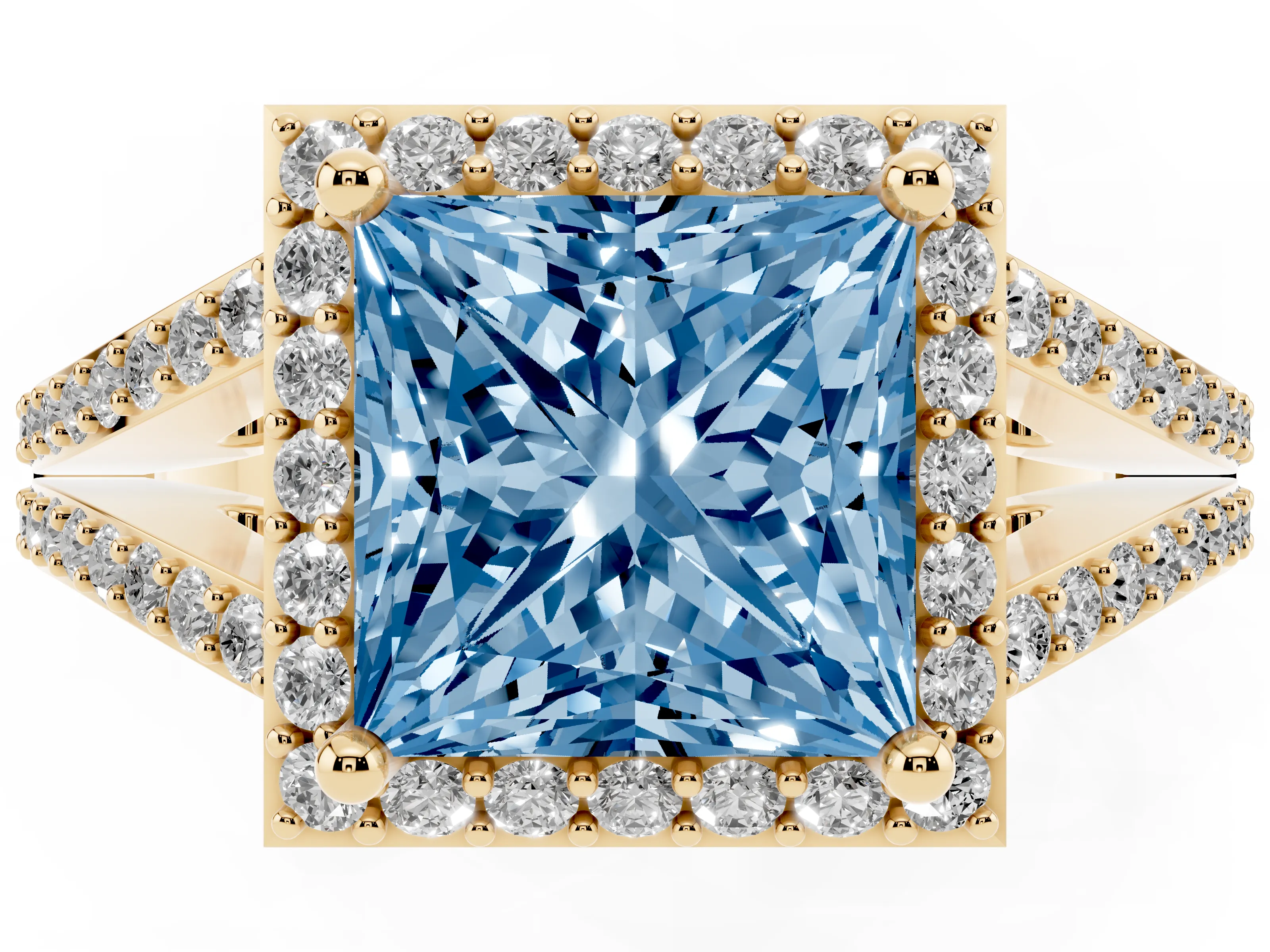 Fancy Blue Princess Cut Diamond Halo Split Shank Pavé Ring Set in Yellow gold with Prong Setting