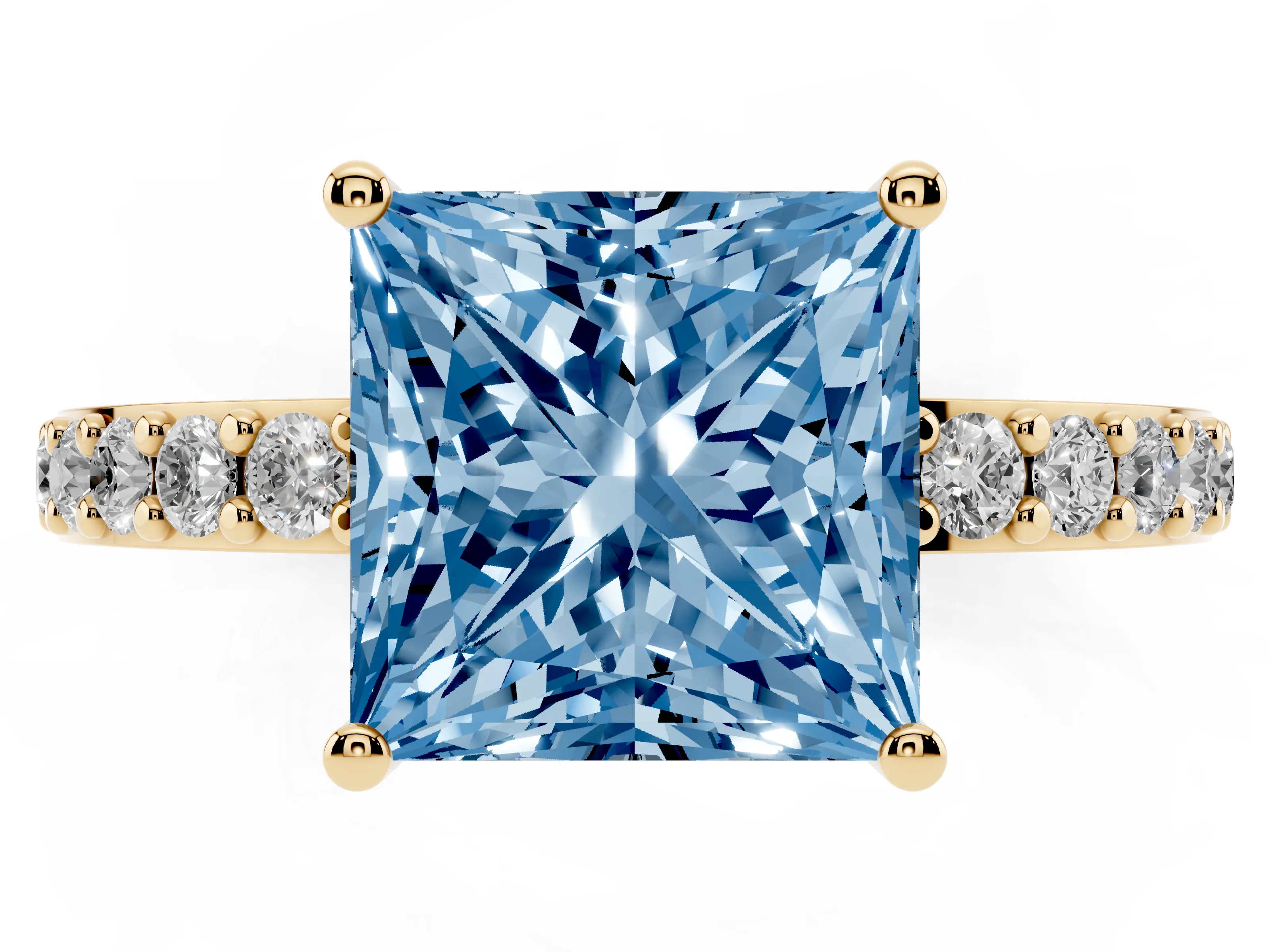 Fancy Blue Princess Cut Diamond Solitaire Set in Yellow gold with Round Pavé Band and Prong Setting