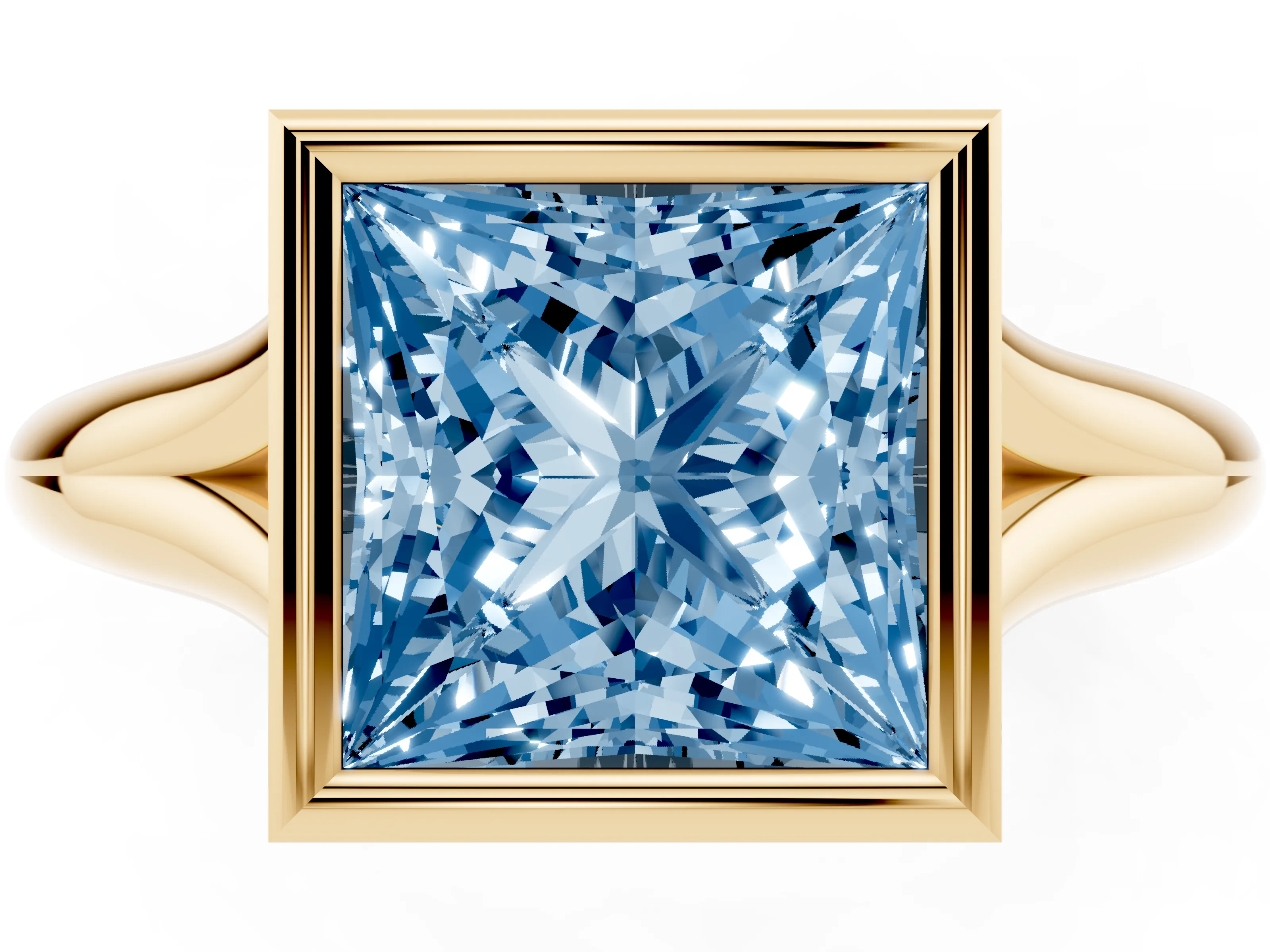 Fancy Blue Bezel Set Princess Cut Diamond Solitaire Ring Set in Yellow gold with Smooth Band