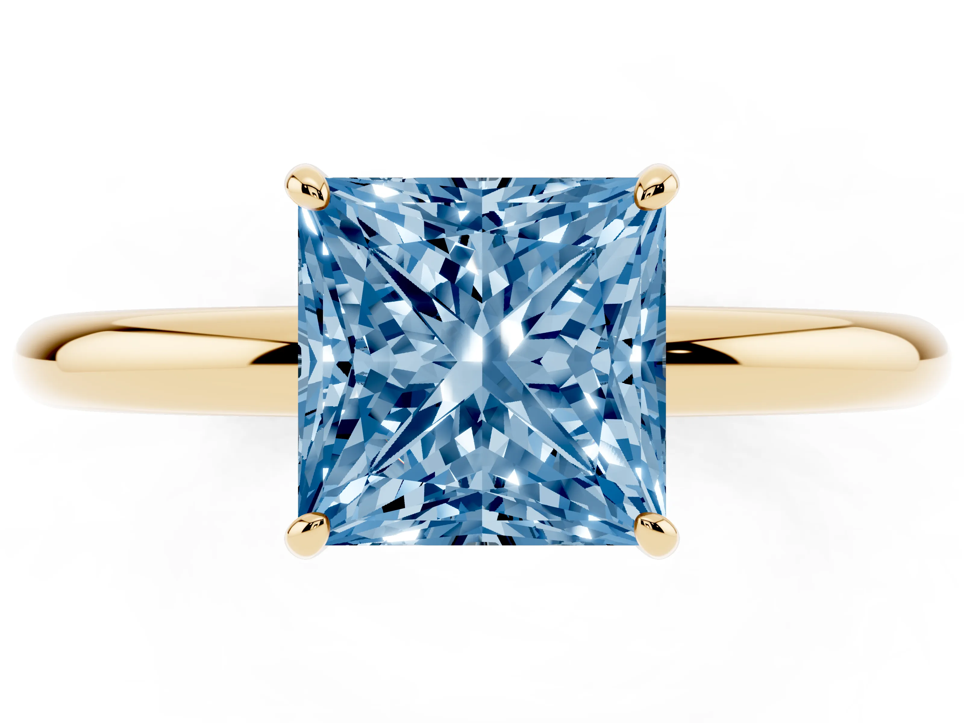 Fancy Blue Princess Cut Diamond Solitaire Ring Set in Yellow gold with Prong Setting on a Polished Plain Band