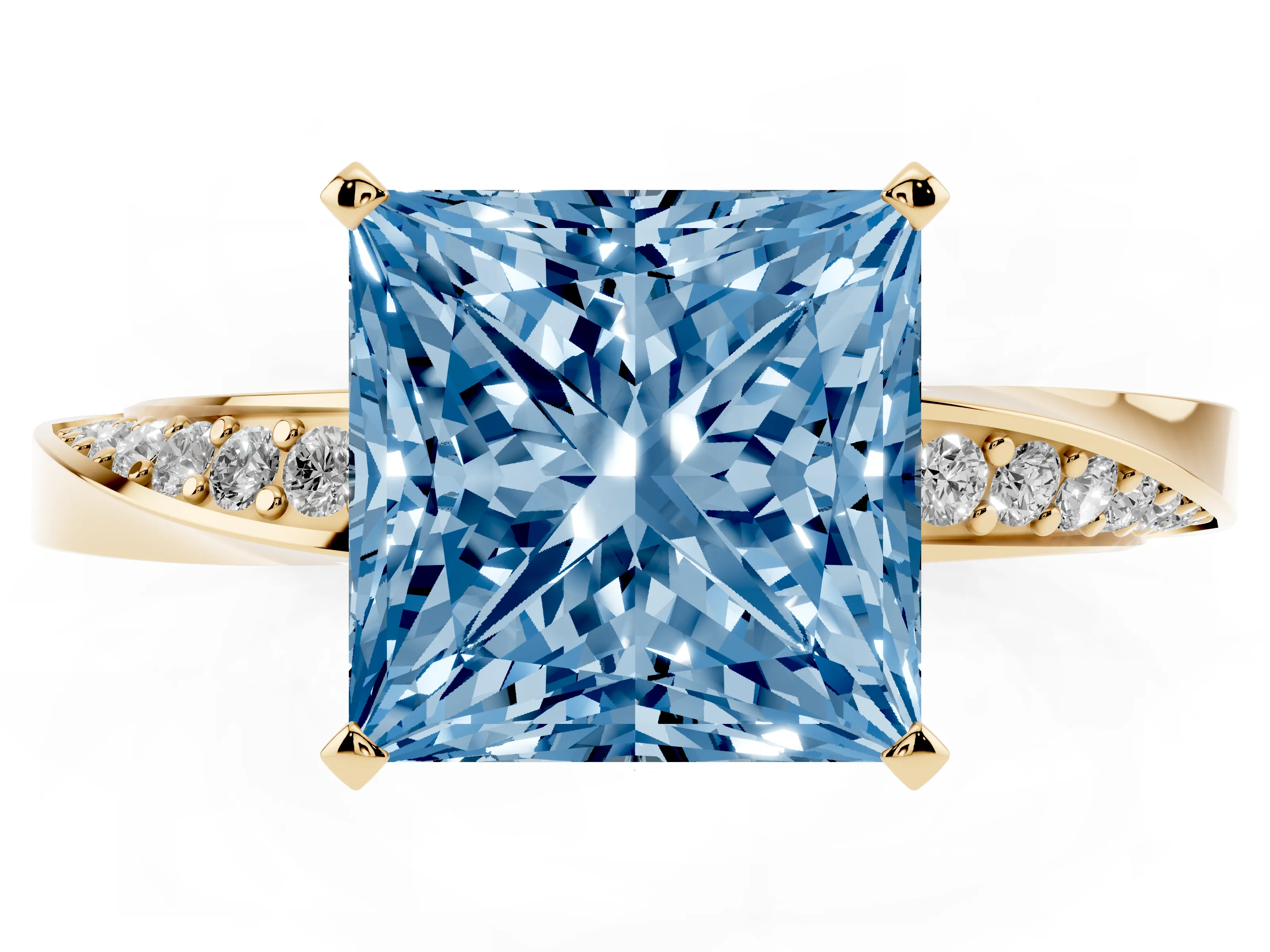 Fancy Blue Princess Cut Diamond Engagement Ring Set in Yellow gold with Side Stone Accents and Prong Setting