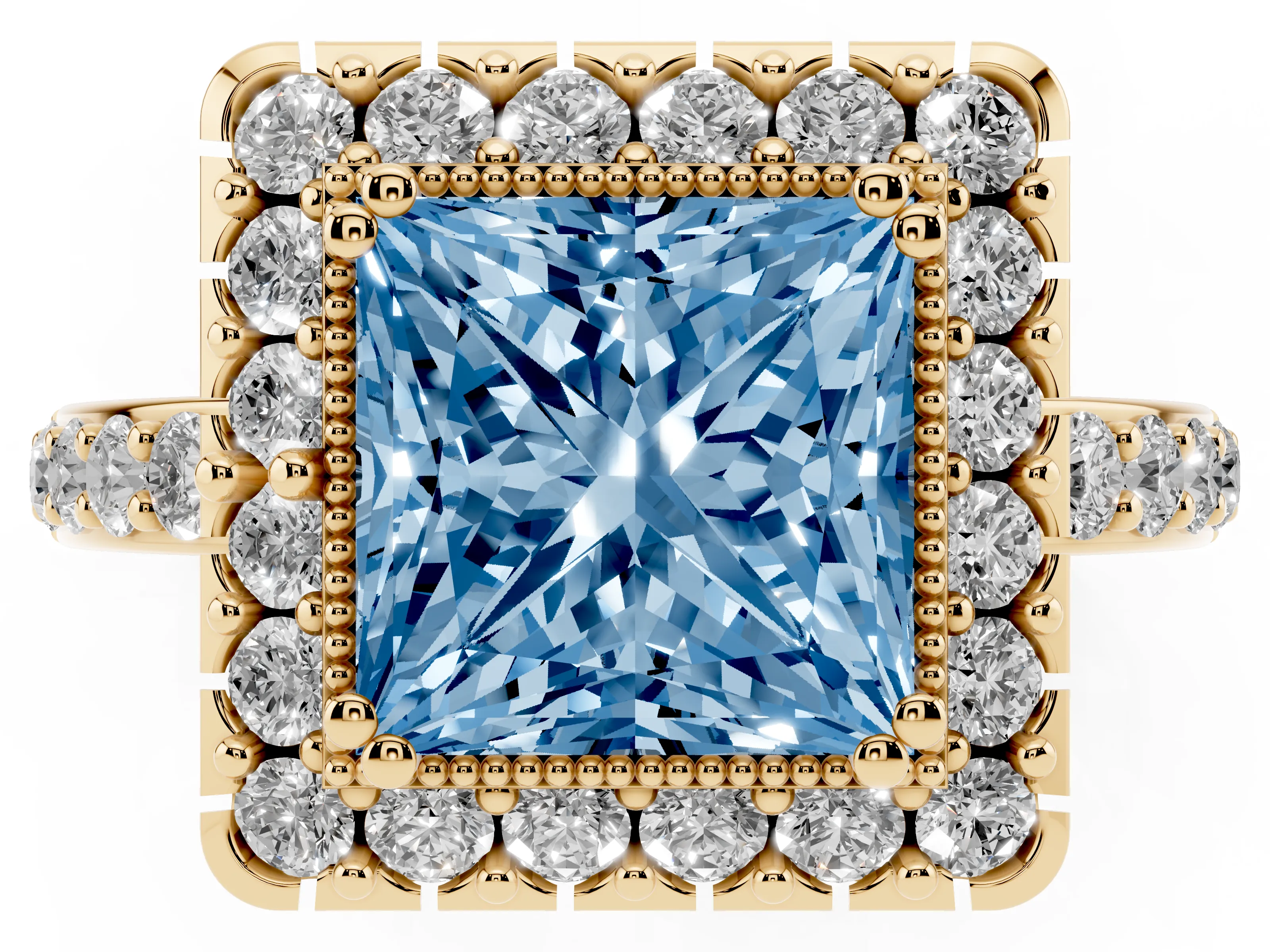 Fancy Blue Princess Cut Diamond Halo Ring Set in Yellow gold with Pavé Shank and Prong Setting