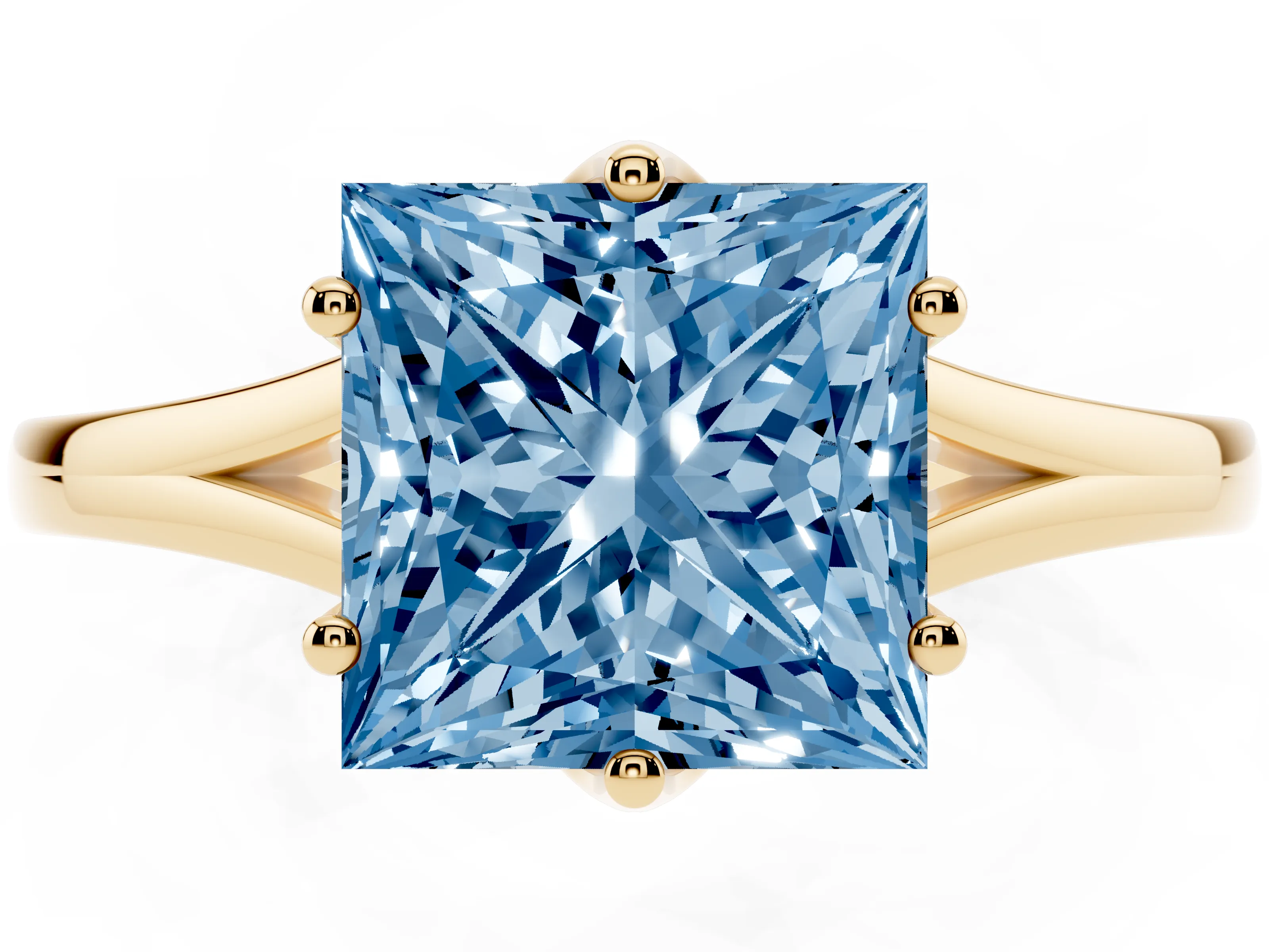 Fancy Blue Princess Cut Diamond Solitaire Ring Set in Yellow gold with Polished Tapered Band and Prong Setting