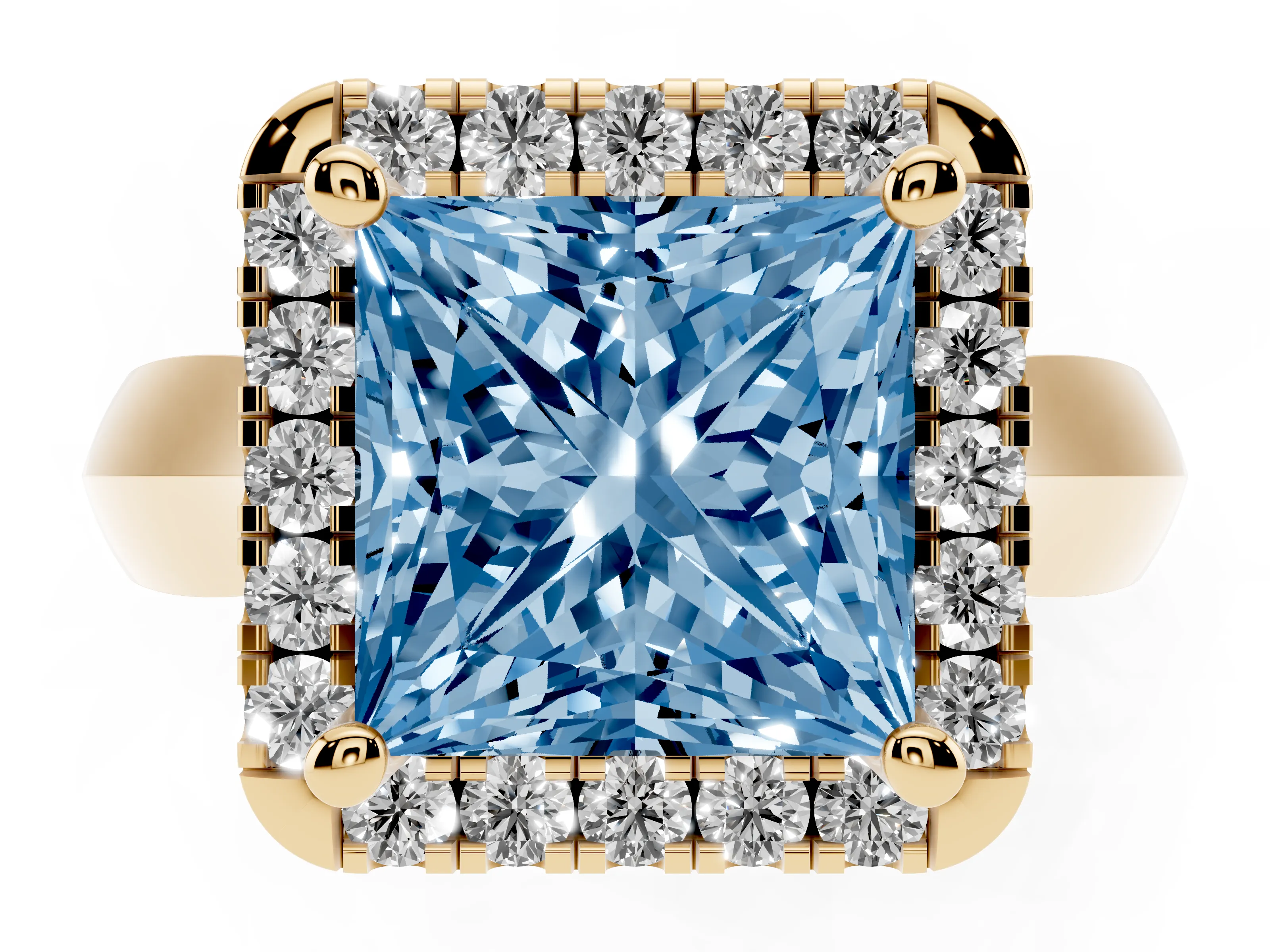 Fancy Blue Princess Cut Diamond Halo Solitaire Engagement Ring Set in Yellow gold with Square Band and Prong Setting