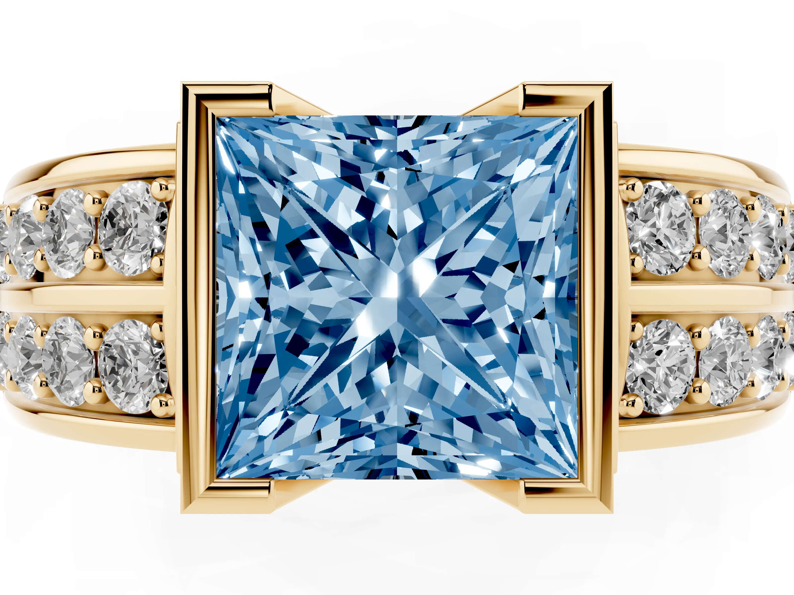 Fancy Blue Princess Cut Diamond Wide Channel Set Band Ring Set in Yellow gold with Bezel Setting