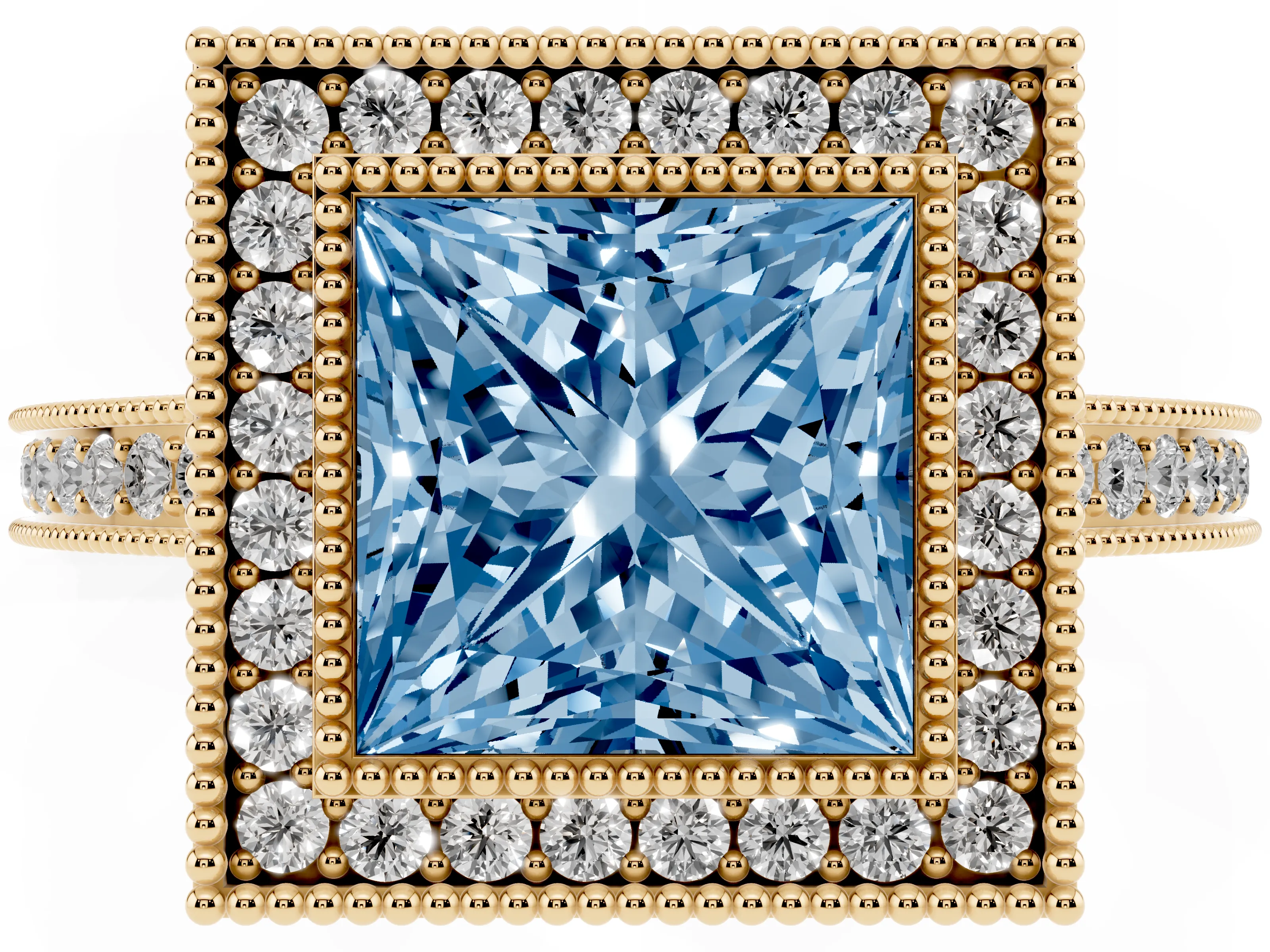Fancy Blue Princess Cut Diamond Halo Ring Set in Yellow gold with Pavé Band and Milgrain-Edged Prongs
