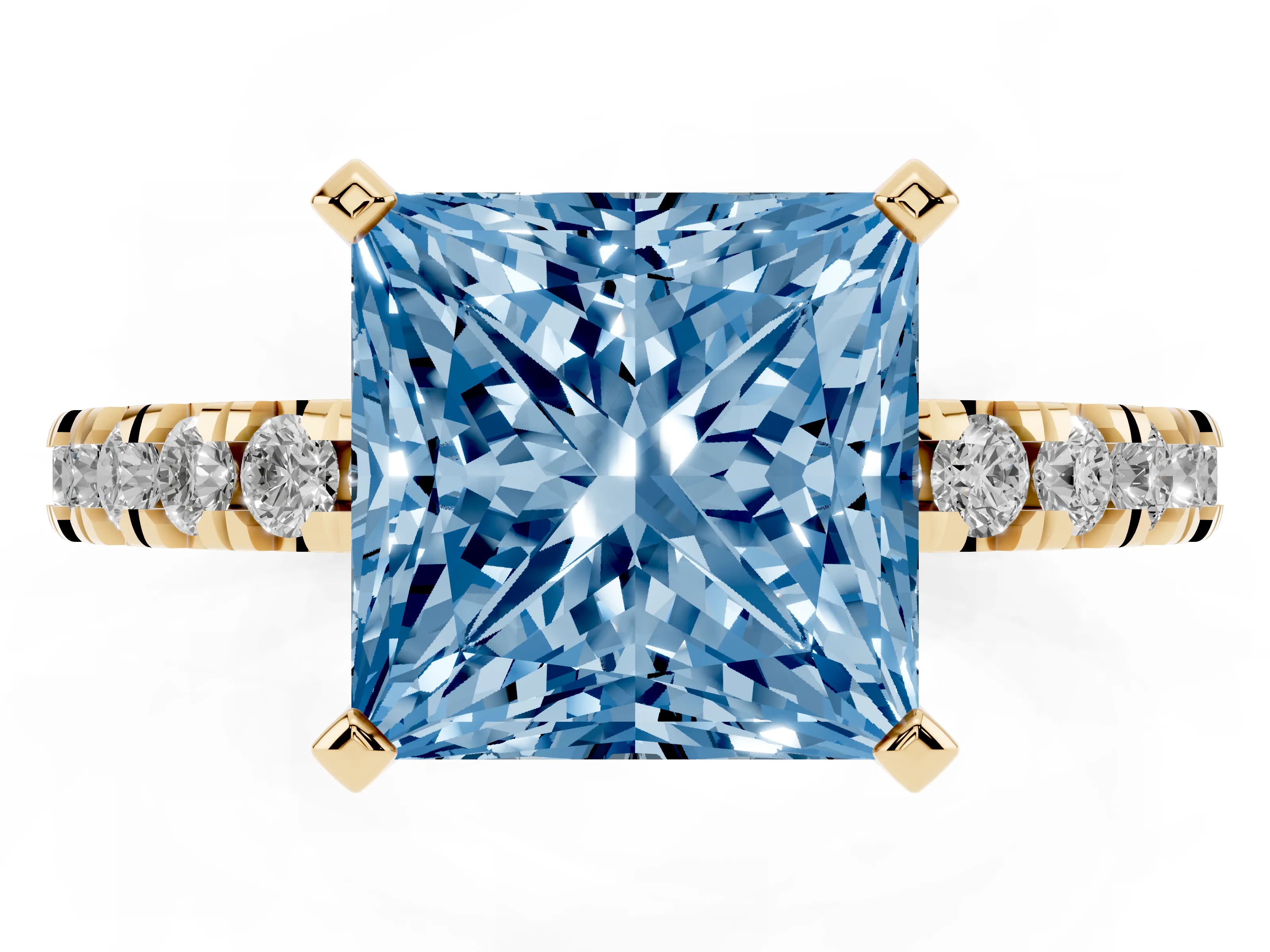 Fancy Blue Princess Cut Diamond Pavé Band Solitaire Set in Yellow gold with Prong Setting