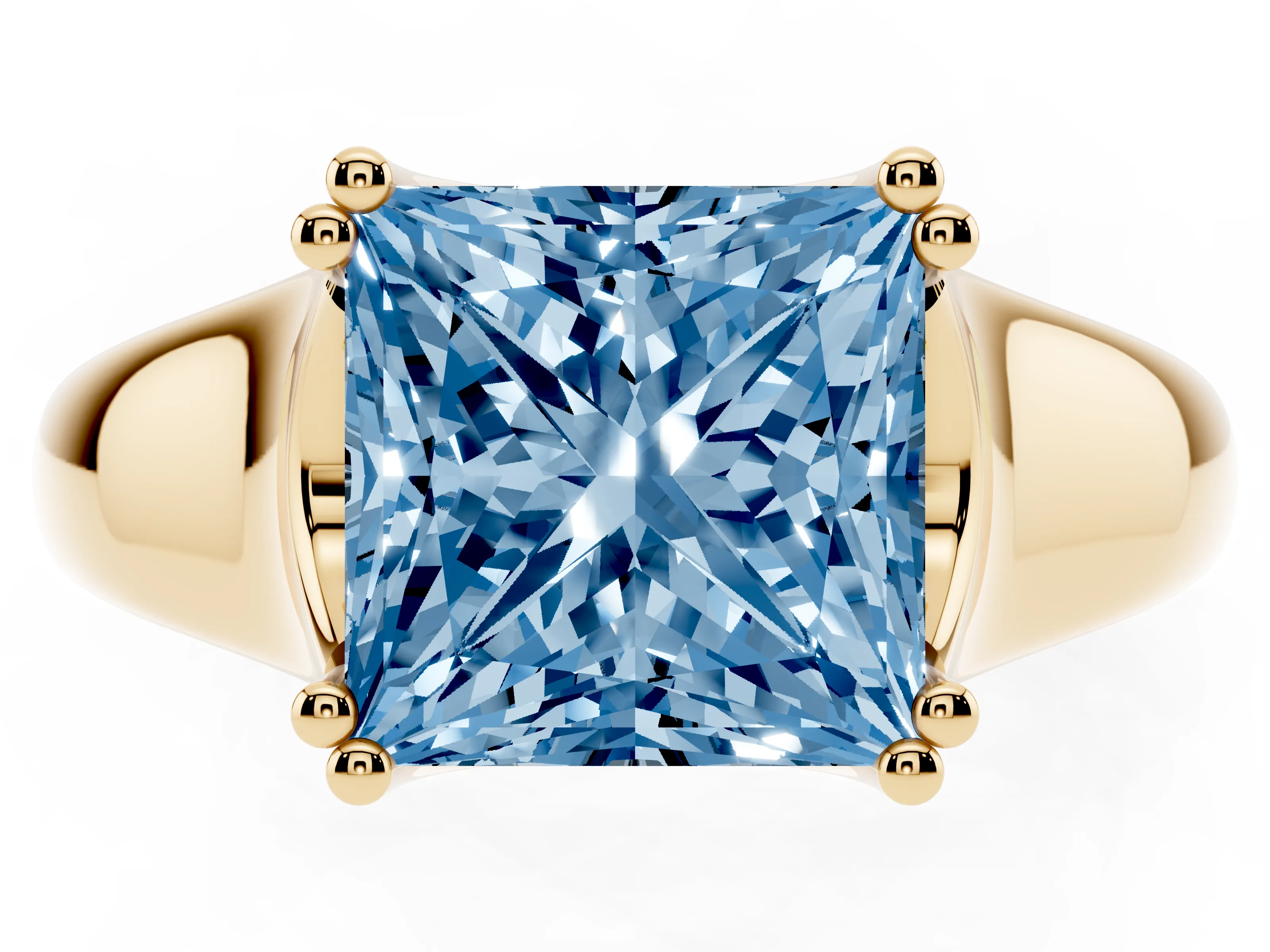 Fancy Blue Princess Cut Diamond Solitaire Ring Set in Yellow gold with Wide Band and Prong Setting