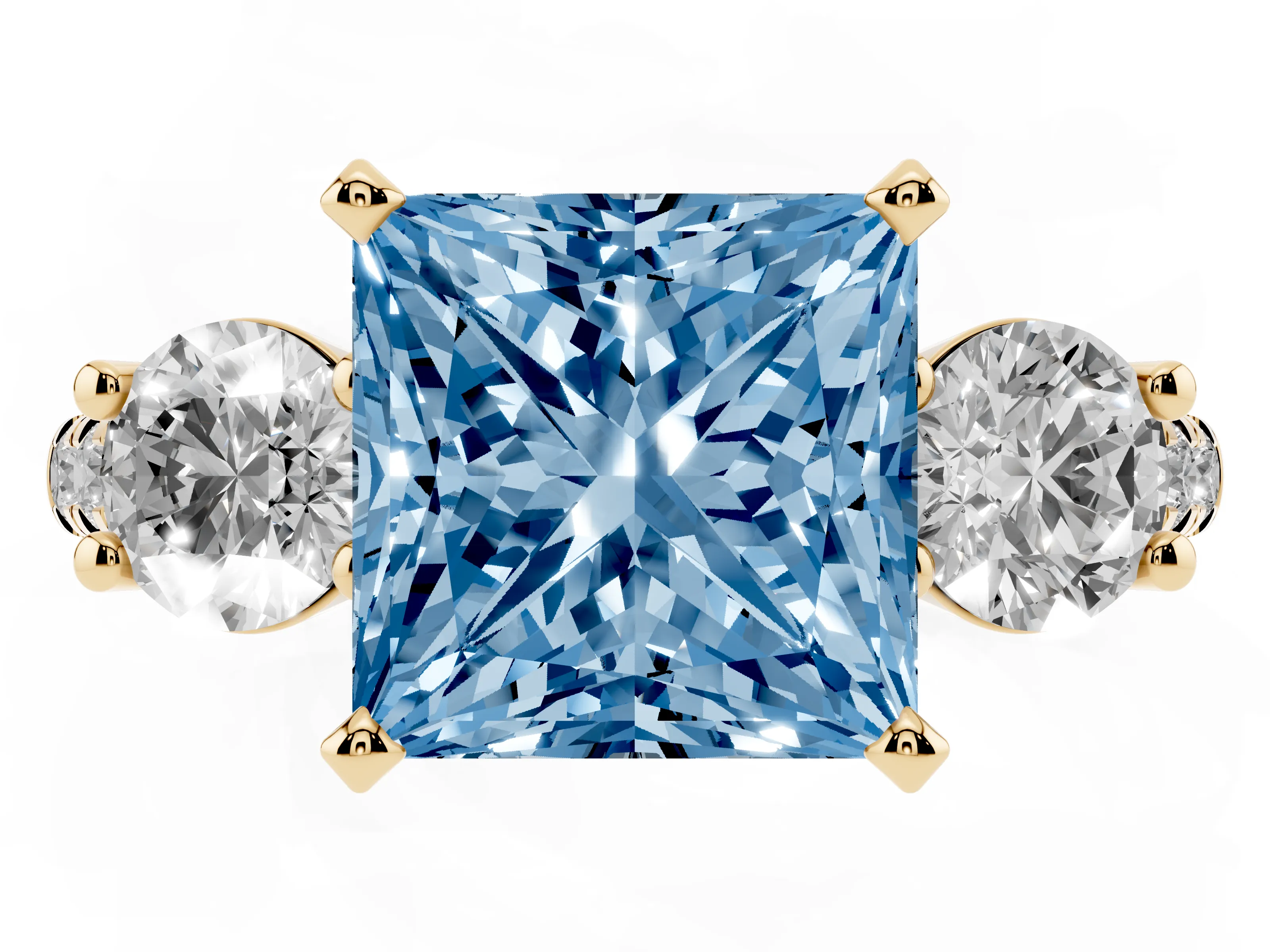 Fancy Blue Three-Stone Princess Cut Diamond Pavé Band Ring Set in Yellow gold with Prong-Set Trio