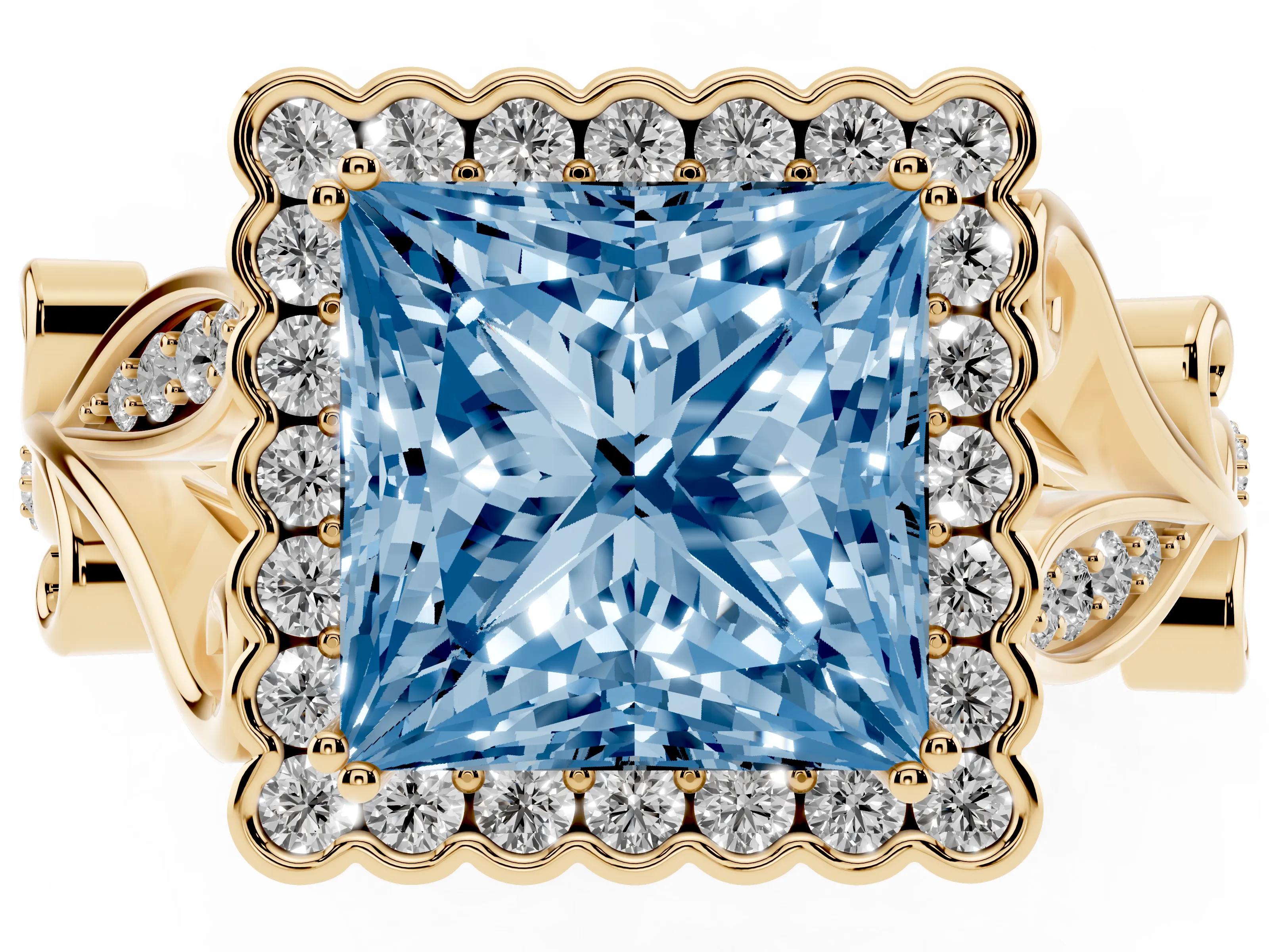 Fancy Blue Princess Cut Diamond Halo Ring Set in Yellow gold with Leaf Motif Split Shank and Prong Setting