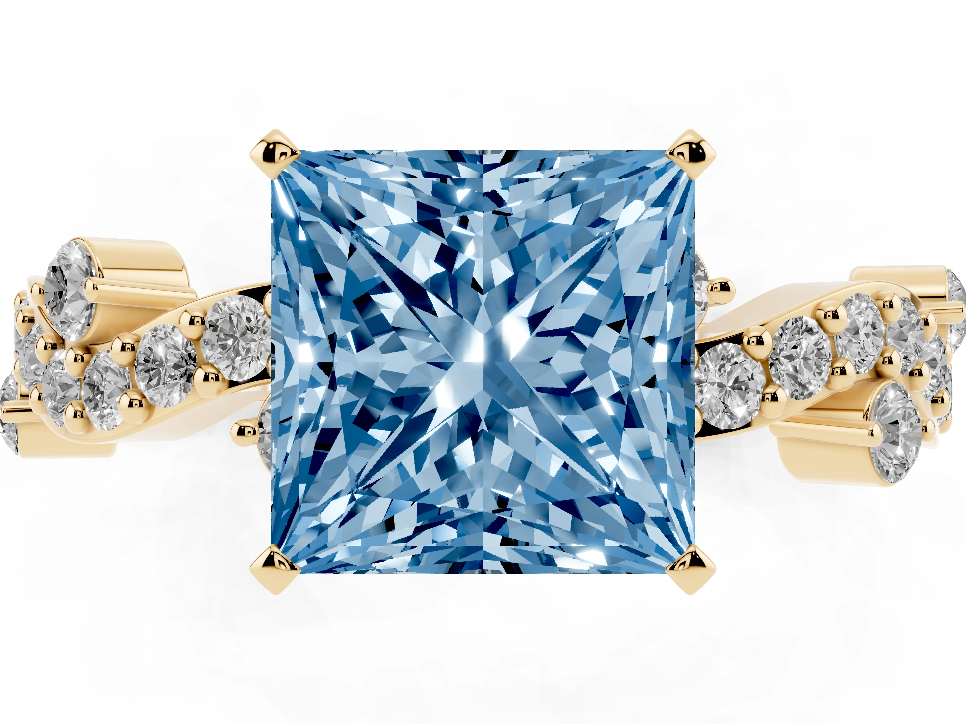 Fancy Blue Princess Cut Diamond Solitaire Twisted Band Set in Yellow gold with Pavé Setting