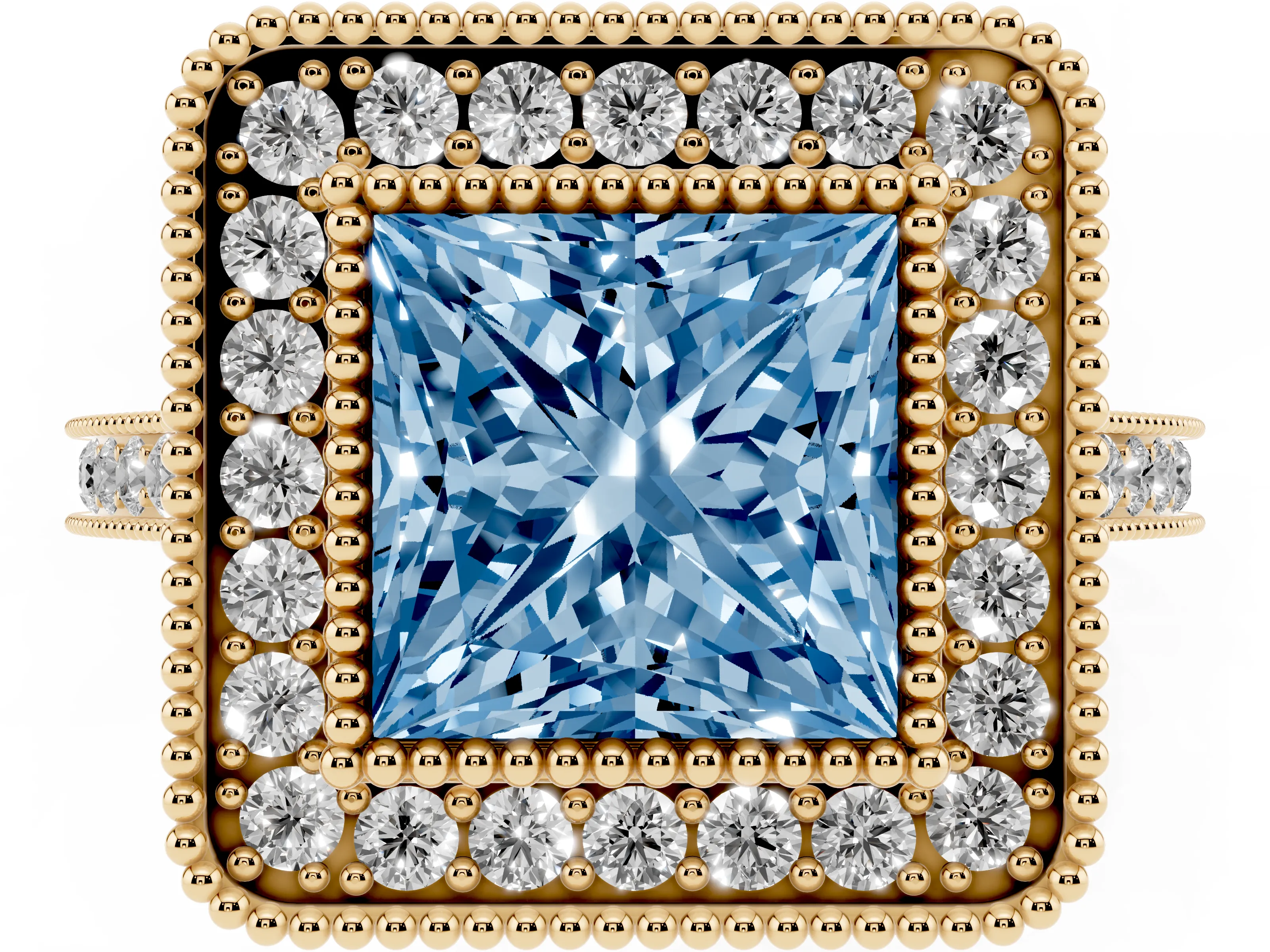 Fancy Blue Princess Cut Diamond Halo Ring Set in Yellow gold with Milgrain Frame and Pavé Band