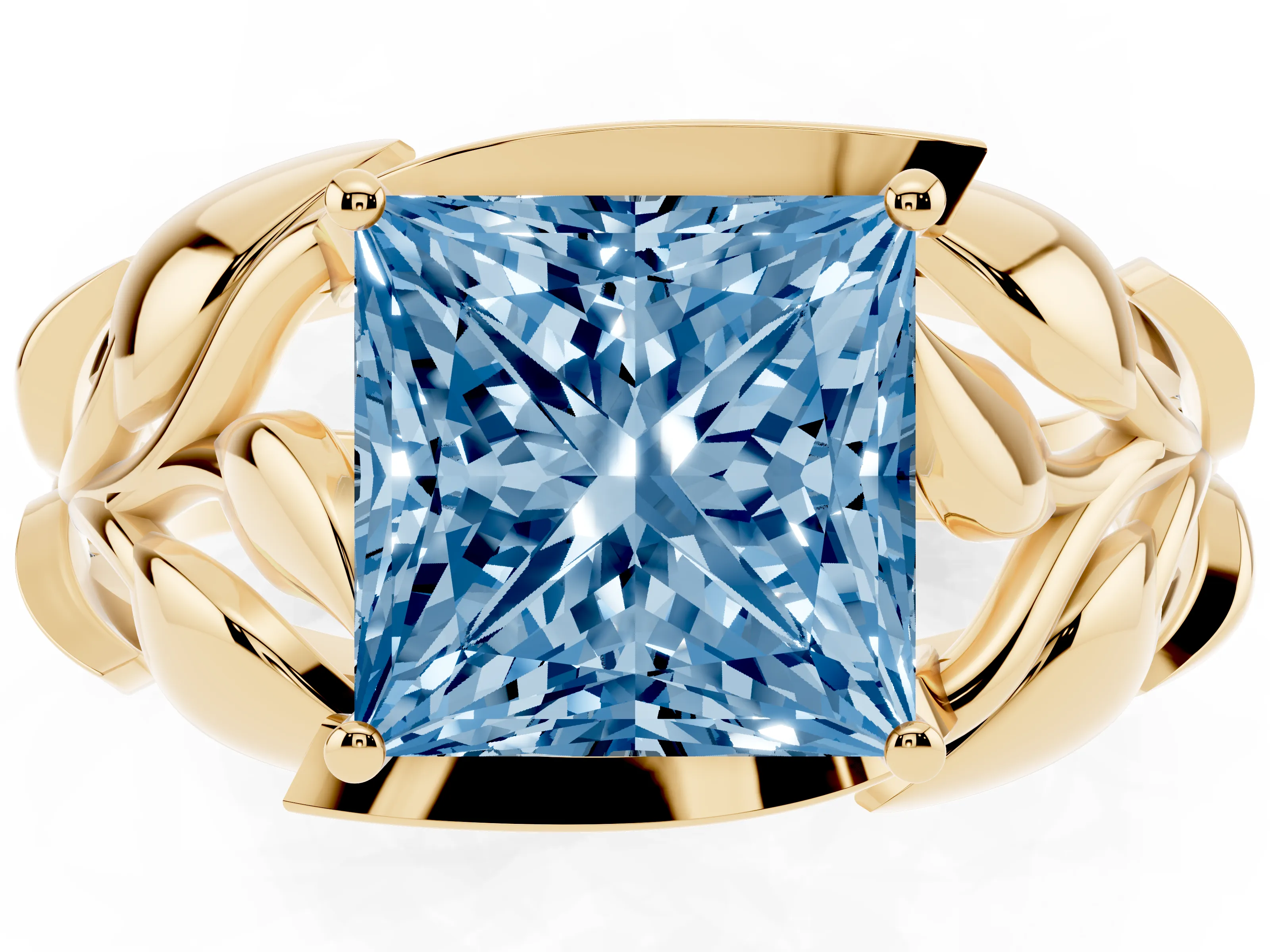 Fancy Blue Princess Cut Diamond Leaf-Inspired Engagement Ring Set in Yellow gold with Round Accents