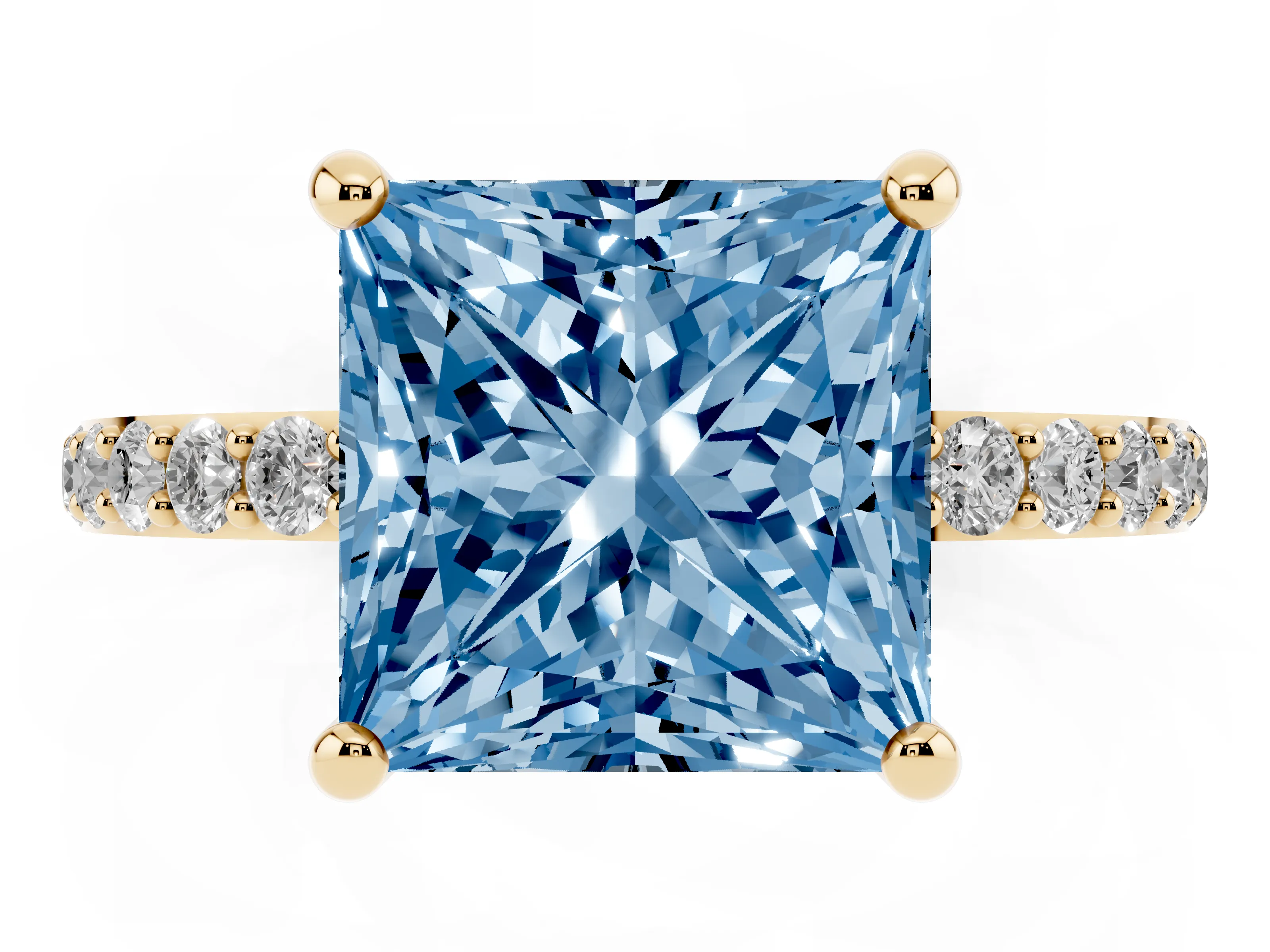 Fancy Blue Princess Cut Diamond Solitaire Ring Set in Yellow gold with Round Pavé Band and Prong Setting
