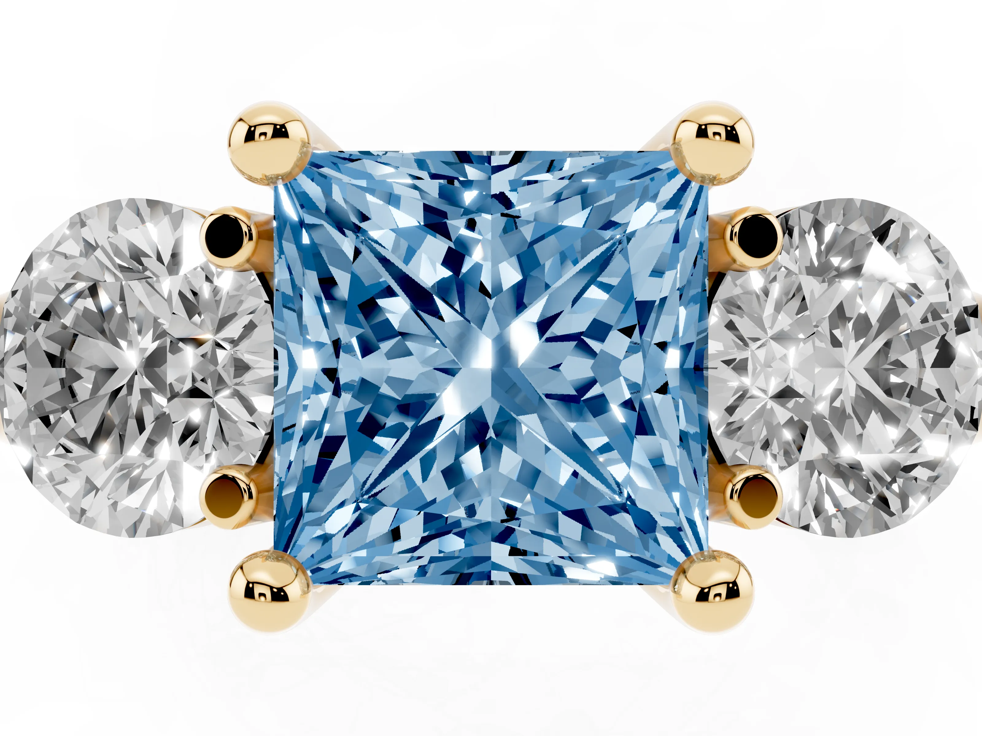 Fancy Blue Princess Cut Diamond Three-Stone Ring Set in Yellow gold with Prong Setting and Classic Band