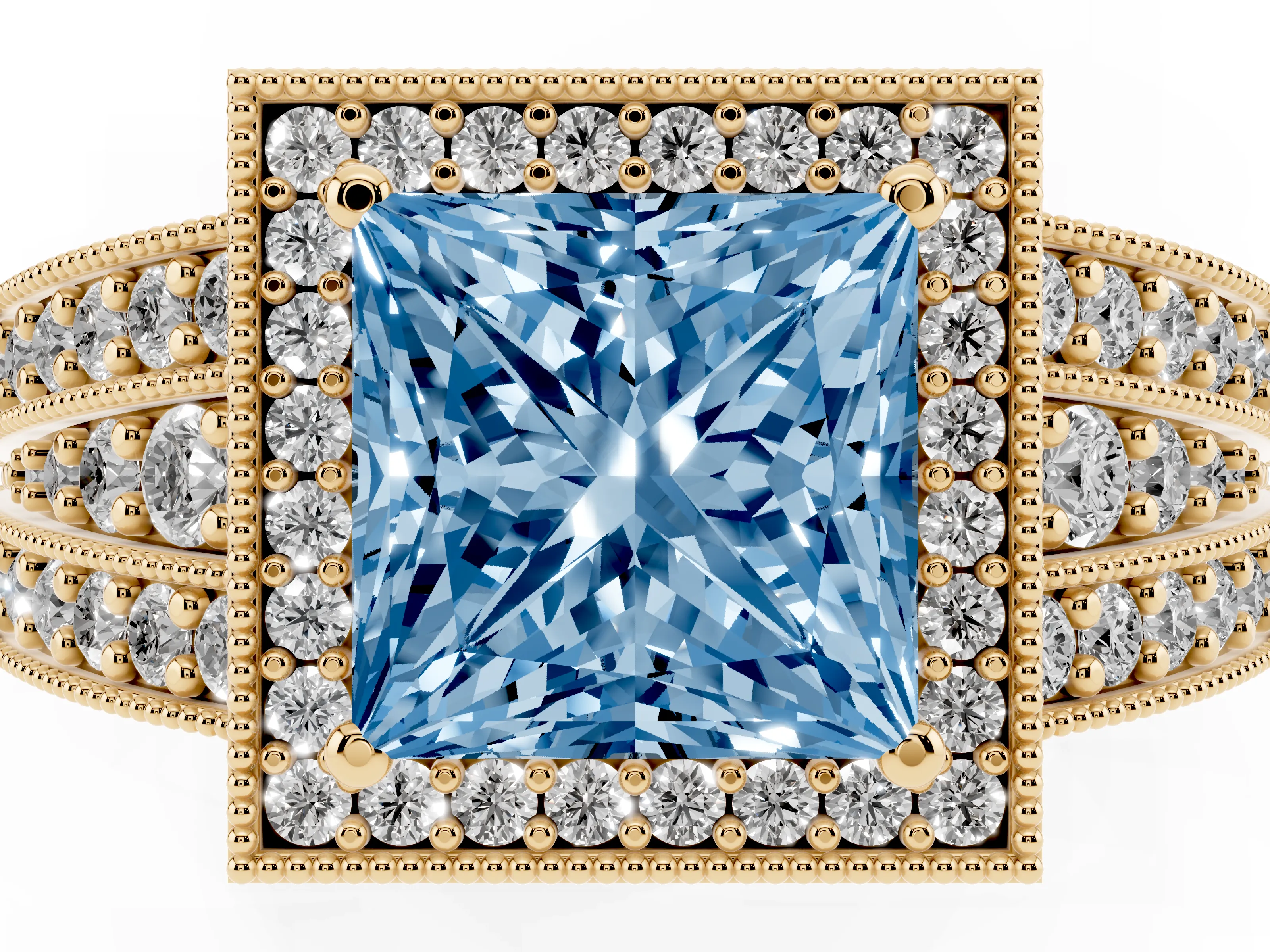 Fancy Blue Princess Cut Diamond Halo Ring Set in Yellow gold with Accent Split Shank and Prong Setting