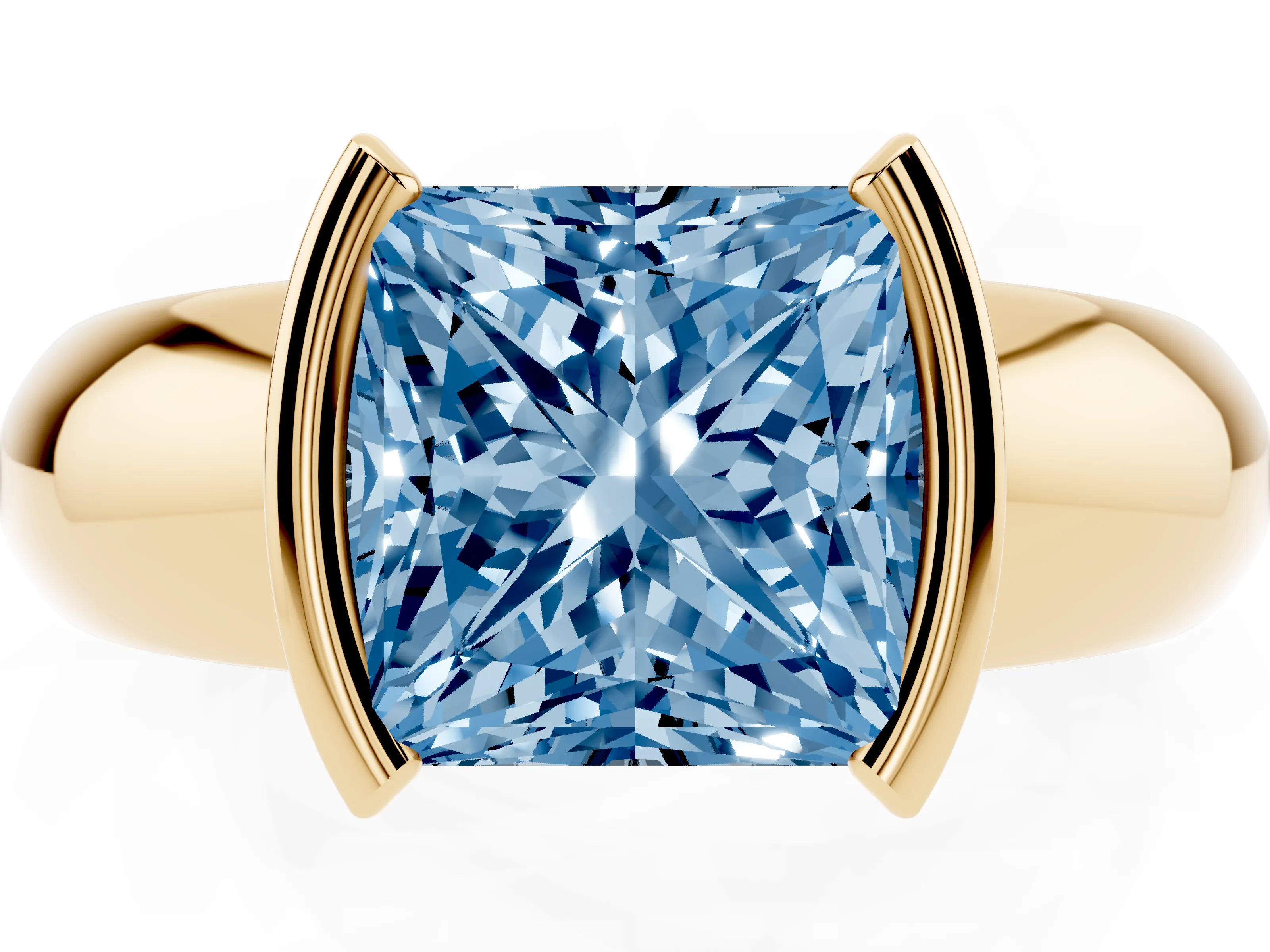Fancy Blue Princess Cut Diamond Solitaire Tension Set Ring Set in Yellow gold with Wide Band