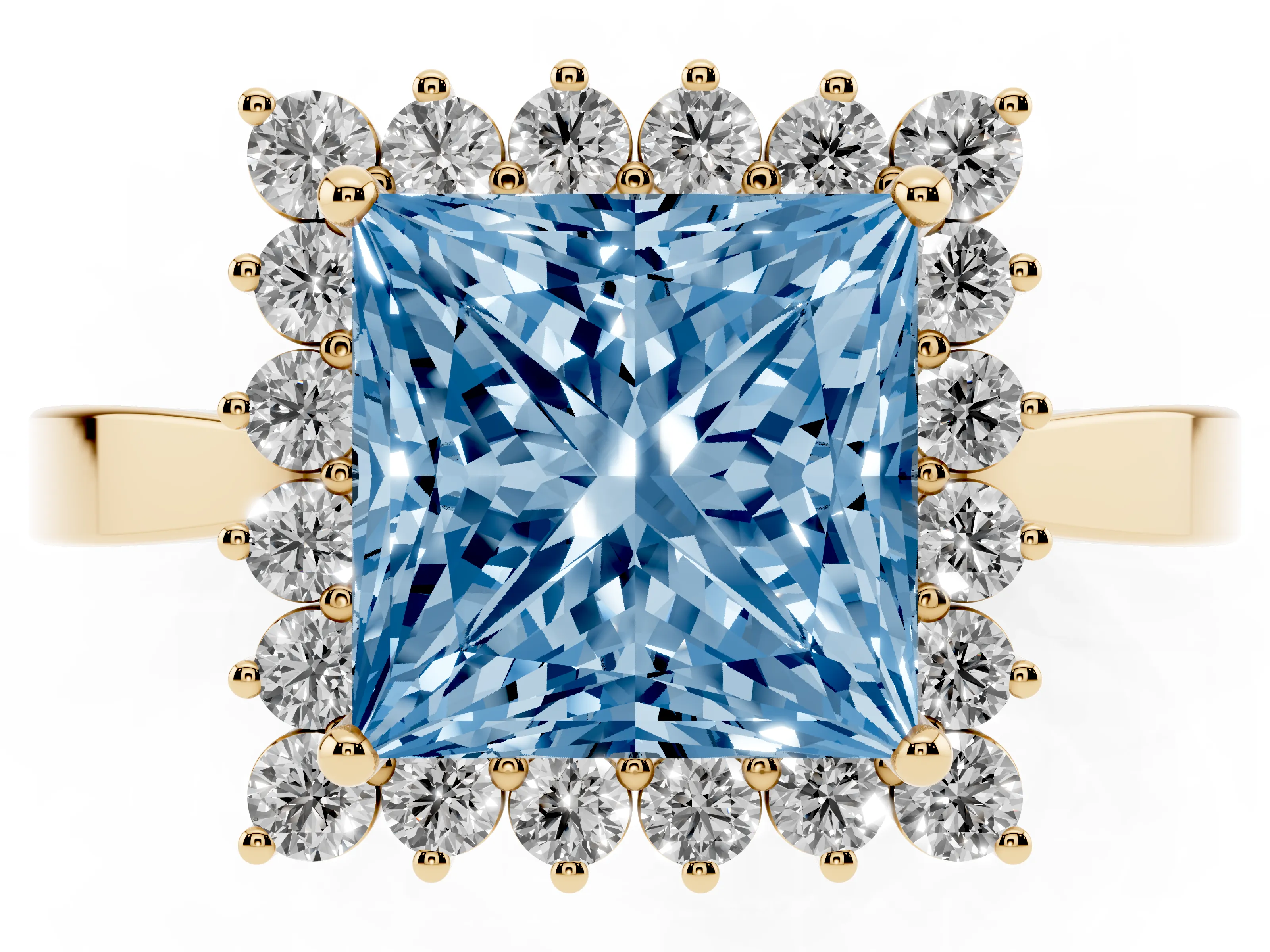 Fancy Blue Princess Cut Diamond Halo Ring Set in Yellow gold with Round Halo and Smooth Solitaire Band