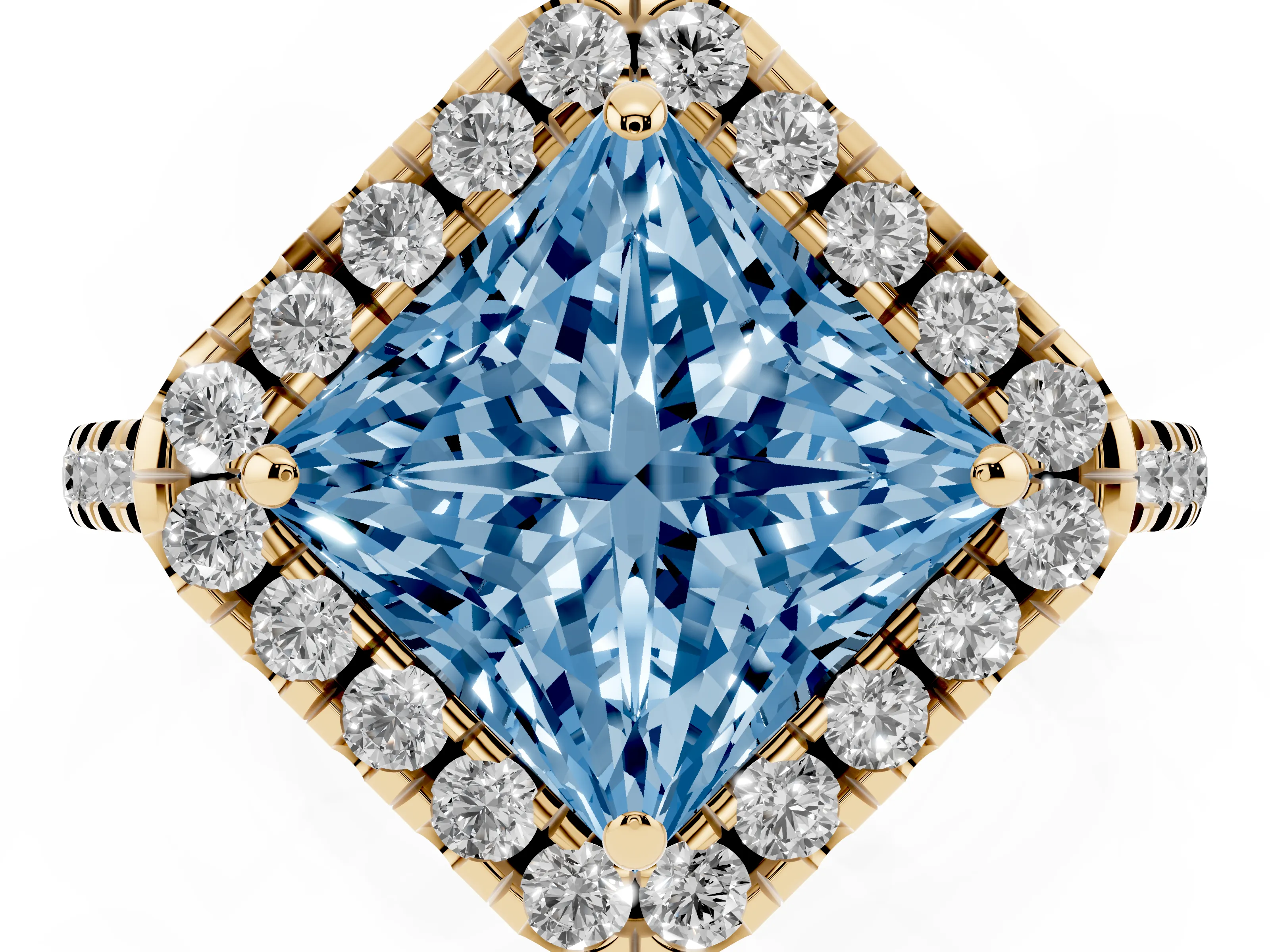 Fancy Blue Princess Cut Diamond Cushion Halo Ring Set in Yellow gold with Pavé Band