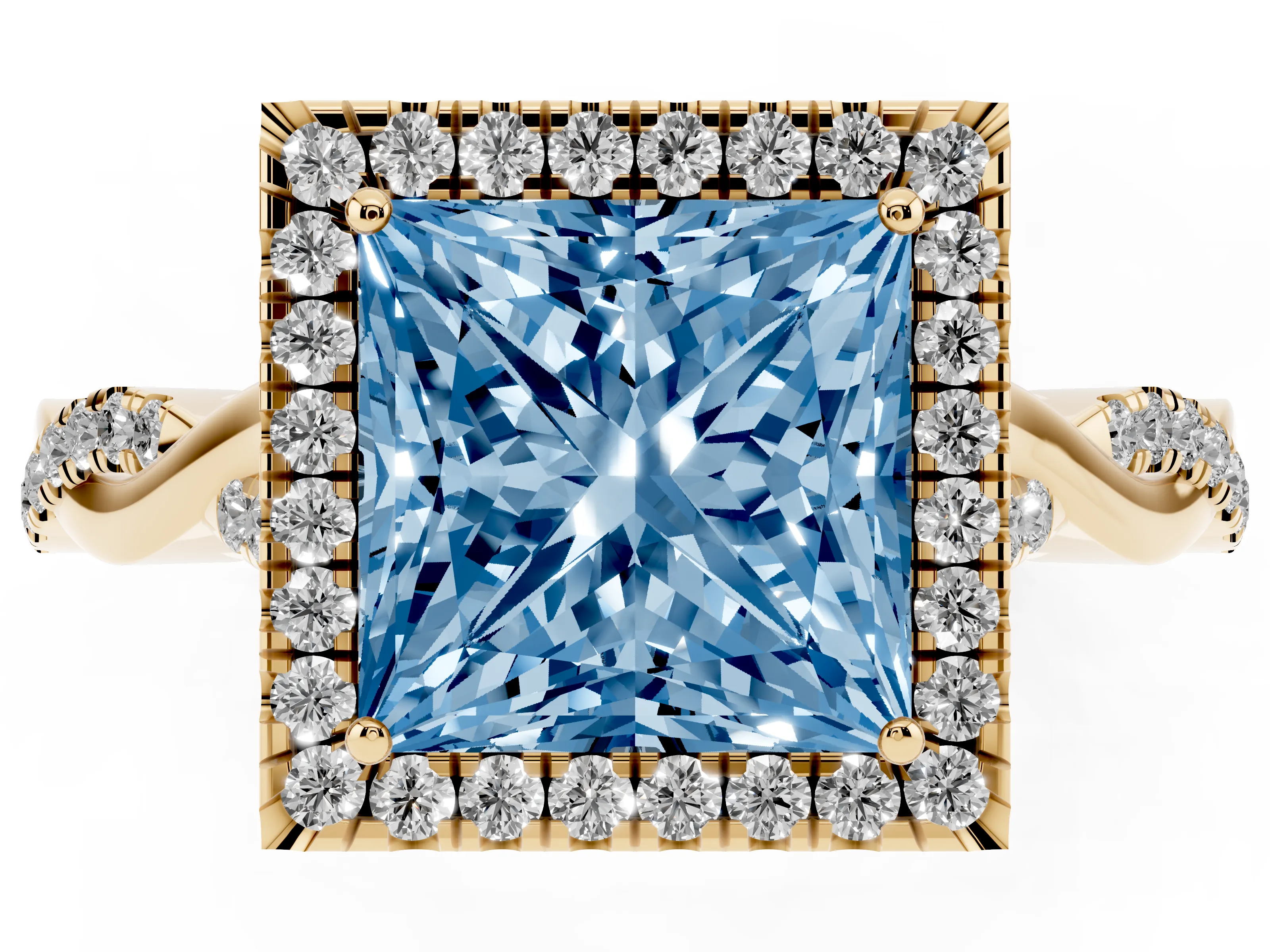 Fancy Blue Princess Cut Diamond Halo Twist Band Solitaire Ring Set in Yellow gold with Prong Setting