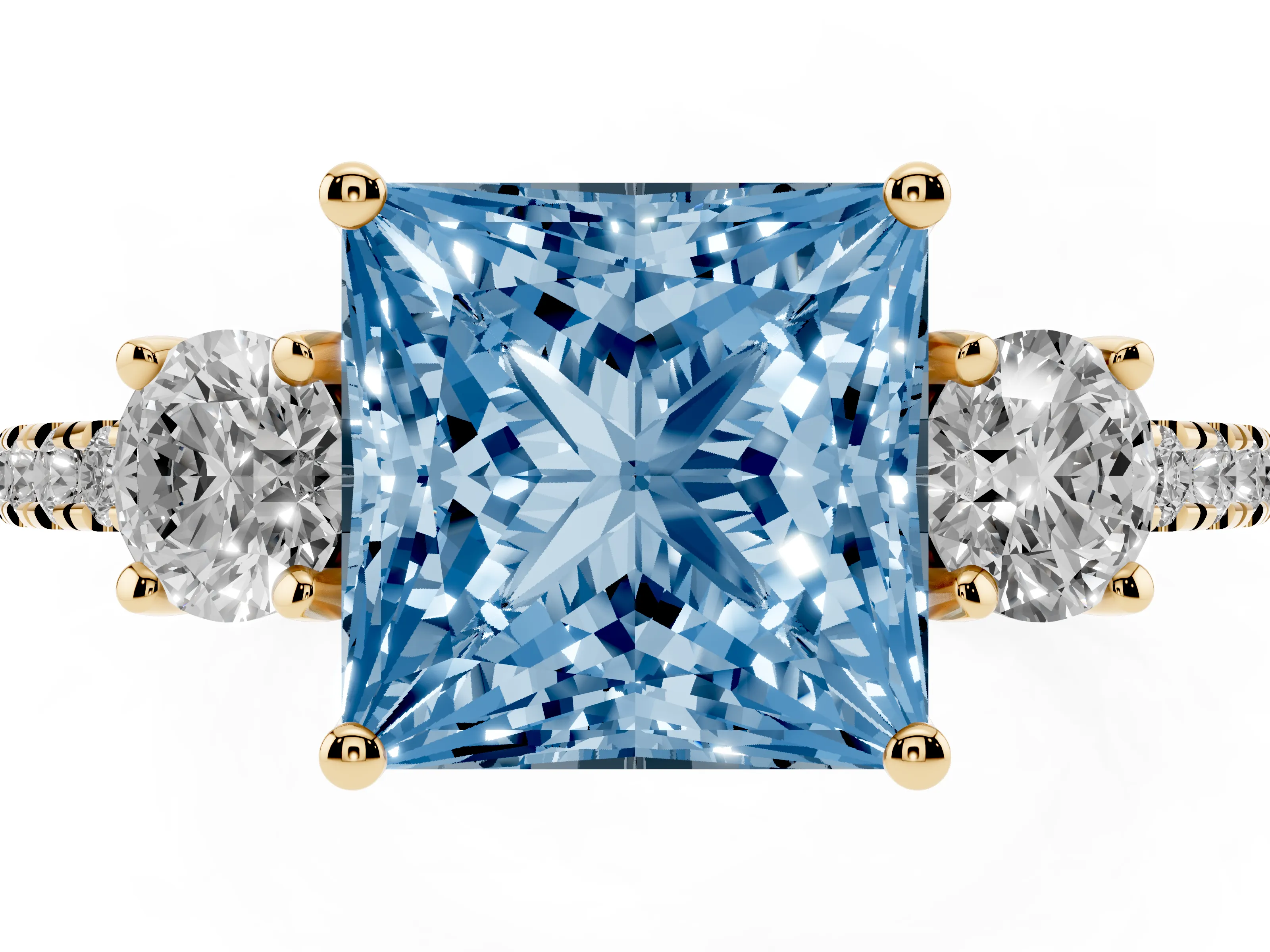 Fancy Blue Princess Cut Diamond Three-Stone Ring Set in Yellow gold with Pavé Band and Graduated Sides
