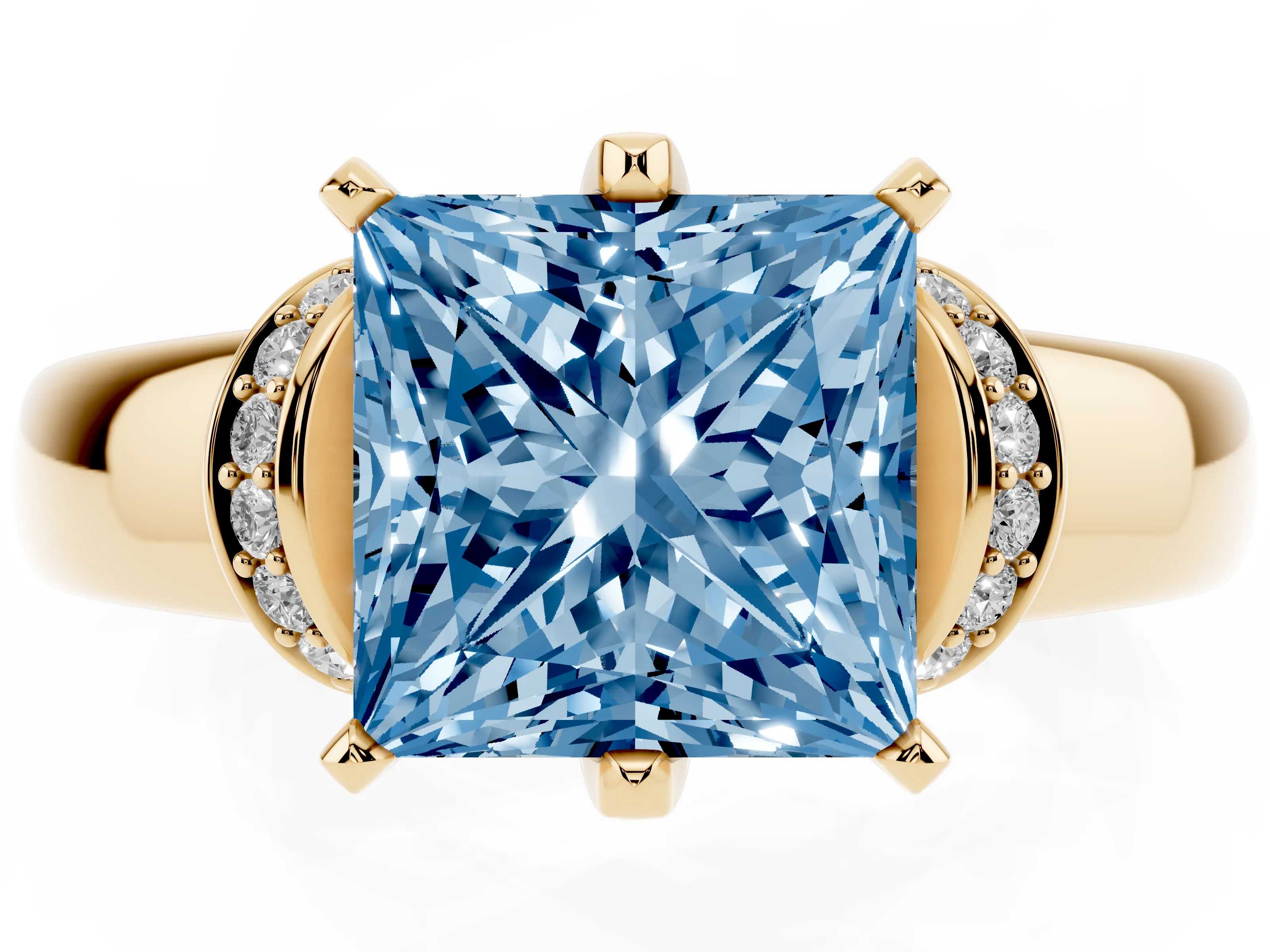 Fancy Blue Princess Cut Diamond Pavé Band Solitaire Ring Set in Yellow gold with Prong Setting