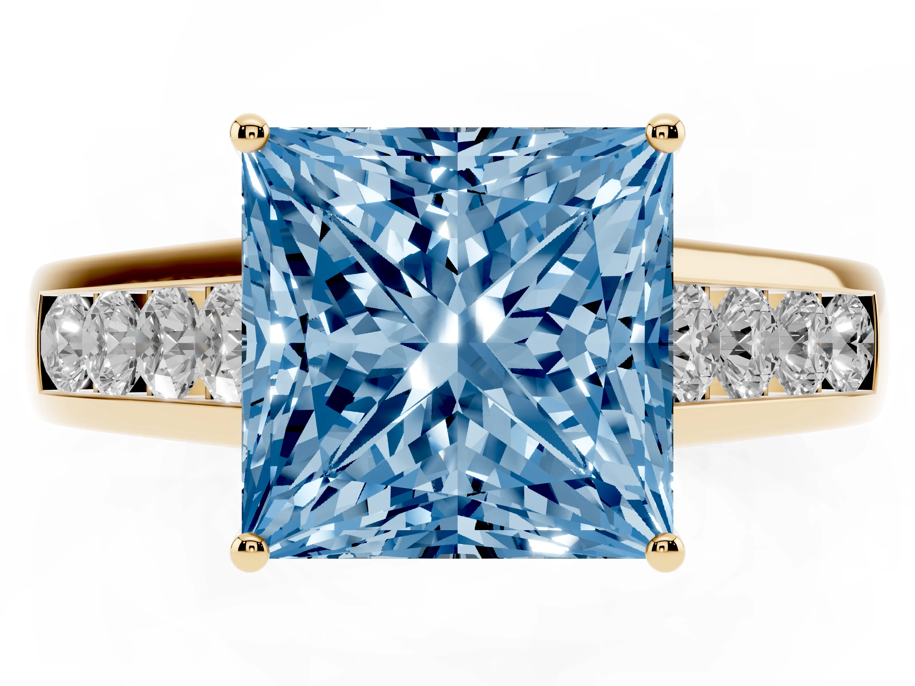 Fancy Blue Princess Cut Diamond Solitaire Channel-Set Engagement Ring Set in Yellow gold with Prong Setting