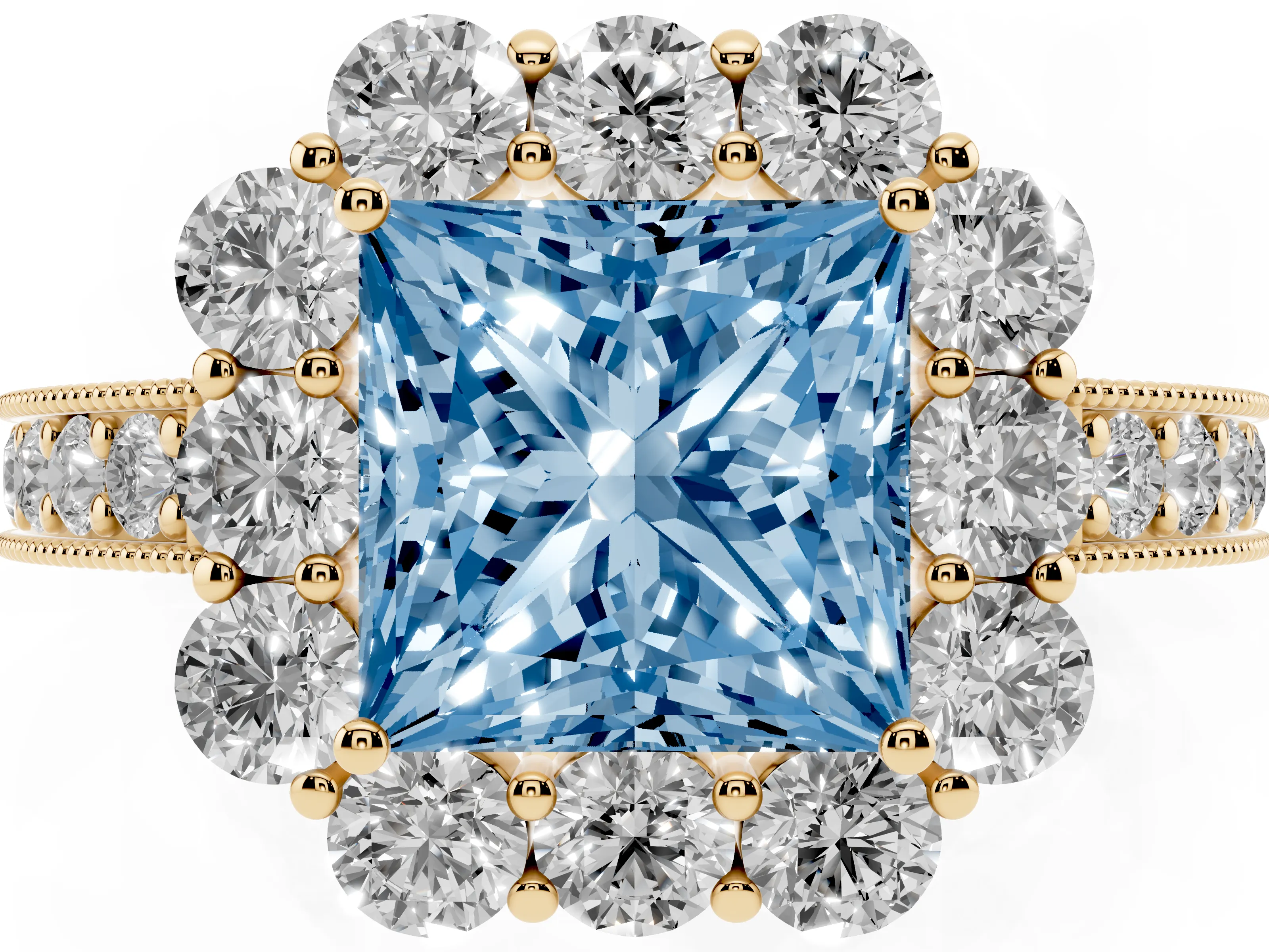 Fancy Blue Princess Cut Diamond Halo Pavé Engagement Ring Set in Yellow gold with Milgrain Detailing